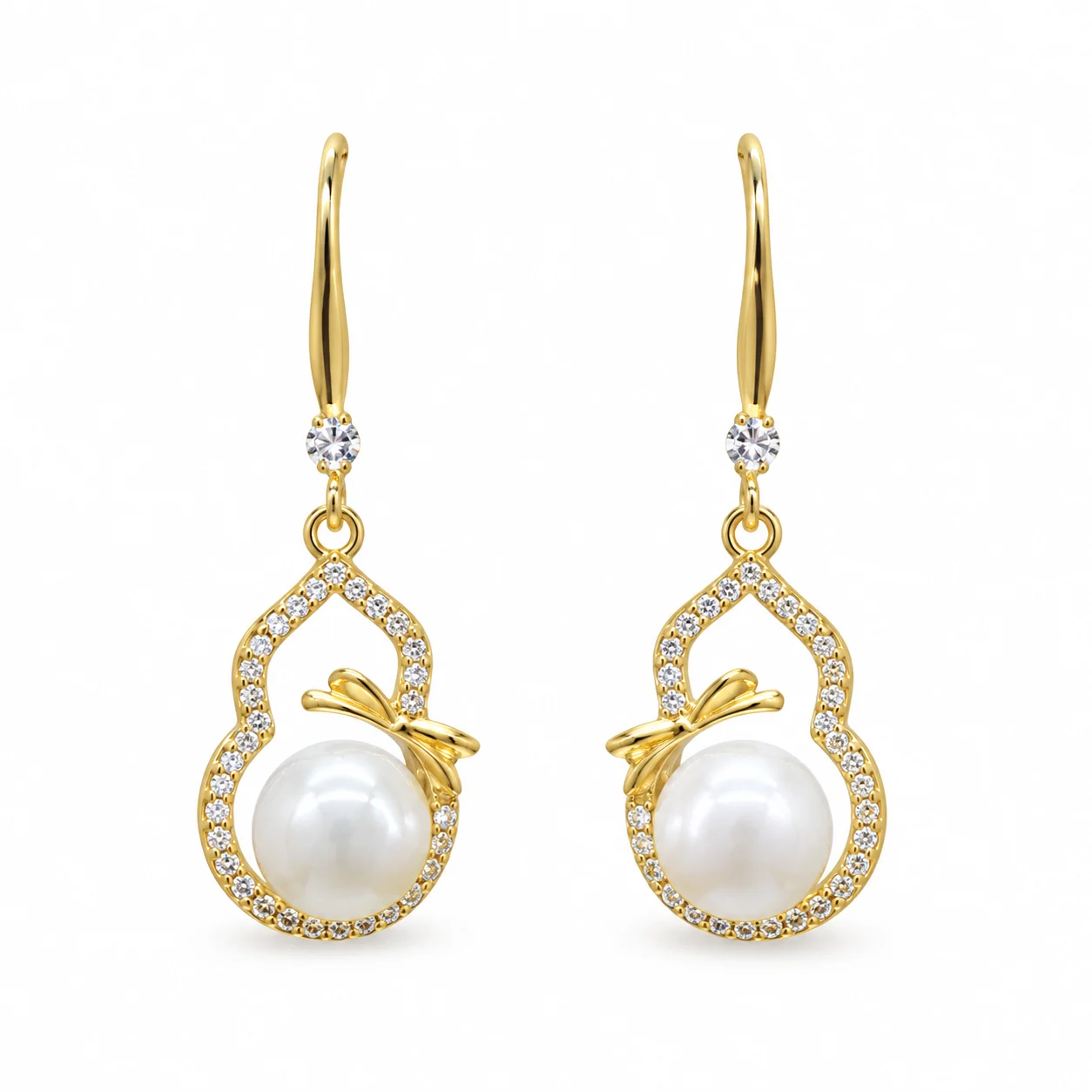 Gold-tone Openwork Gourd Drop Earrings with White Beads