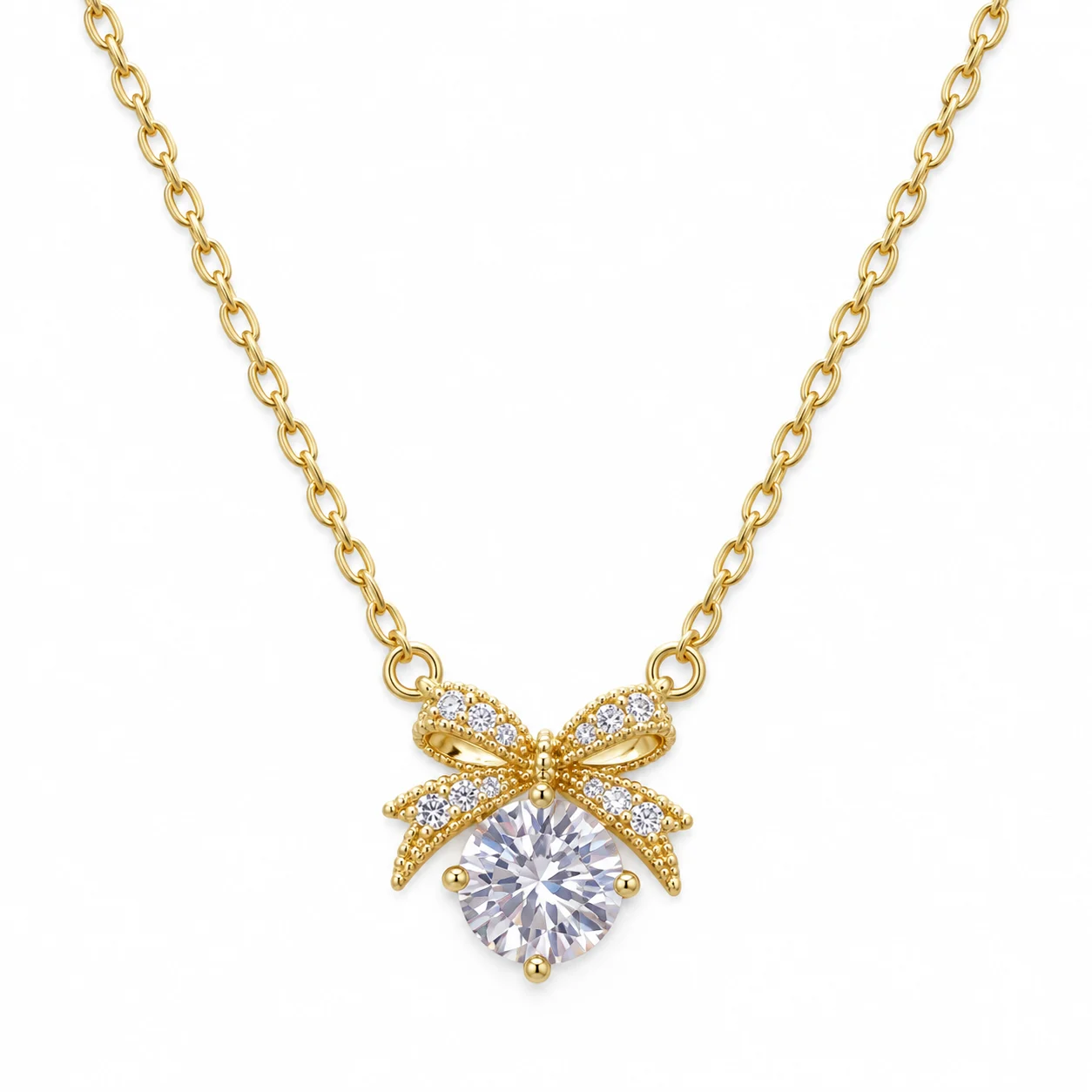 Gold-tone Bow Pendant Necklace with Round Clear Stone