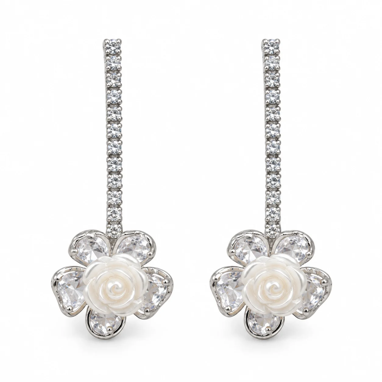 Silver-tone Linear Sparkling Floral Drop Earrings