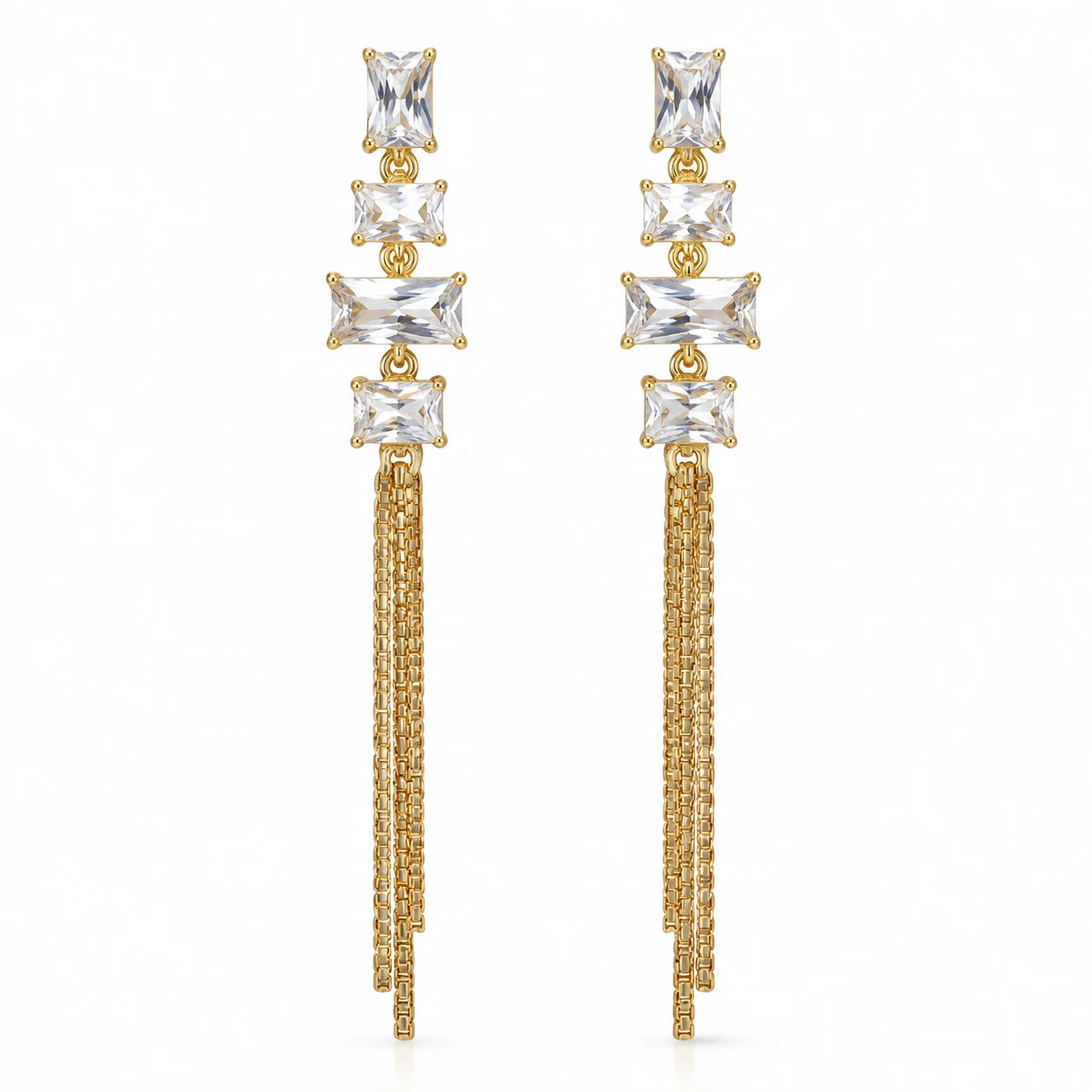 Gold-tone Rectangular Clear Stone Chain Tassel Earrings