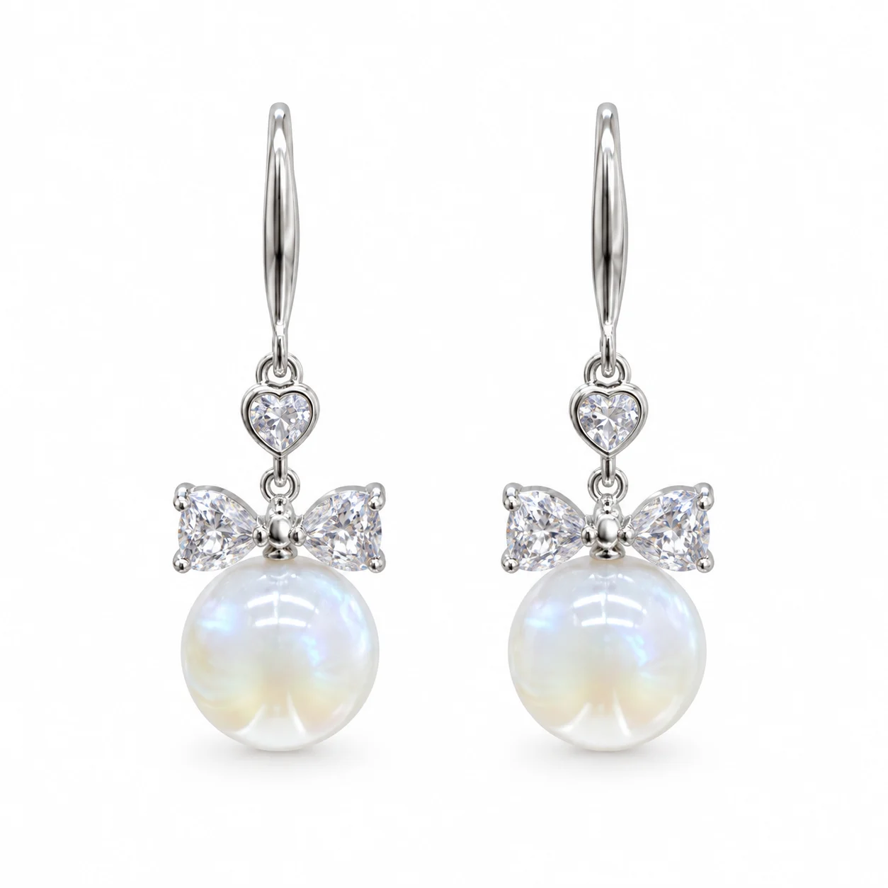 Silver-tone Bow Drop Earrings with Lustrous White Beads