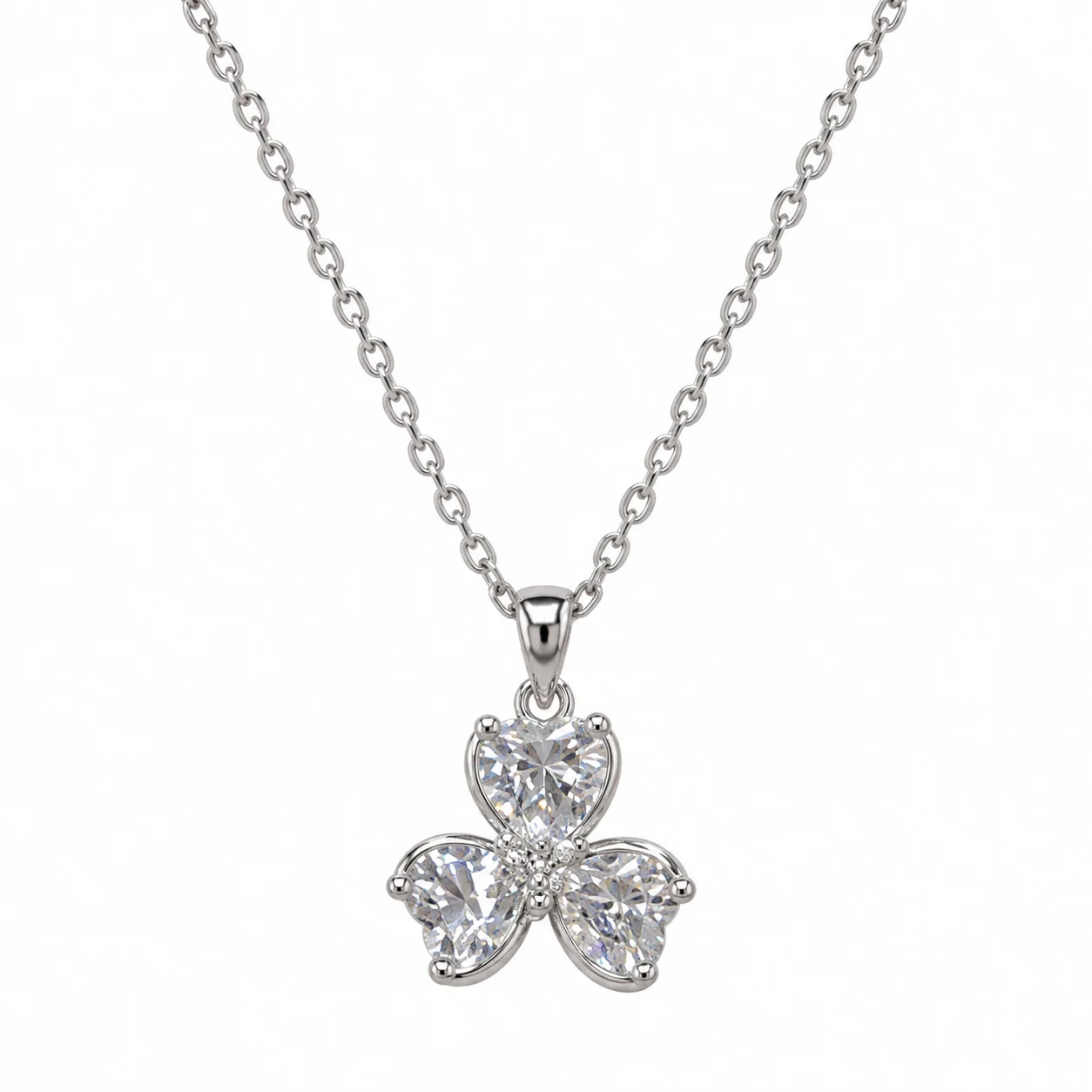 Silver-tone Three-petal Heart-shaped Flower Pendant Necklace