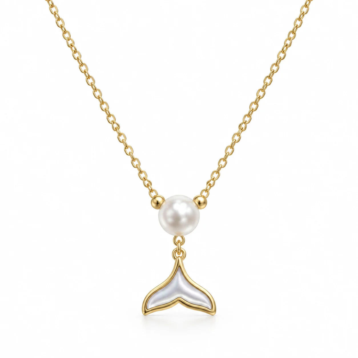 Gold-tone Fine Chain Necklace with White Bead and Fish-tail Pendant