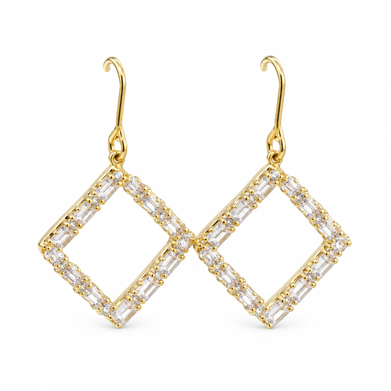 Gold-tone Open Square Clear-stone Drop Earrings