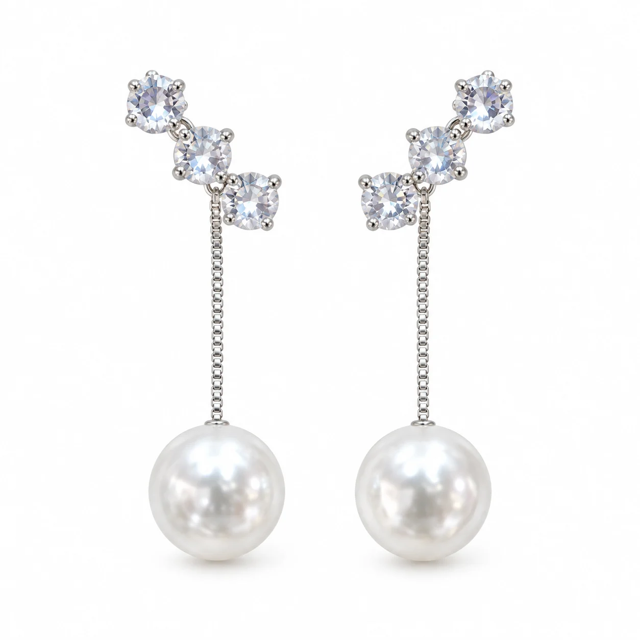 Silver-tone Clear Sparkling Stone and White Bead Drop Earrings
