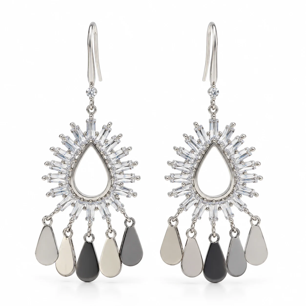 Silver-tone Open Teardrop Earrings with Radiating Accents and Fringe