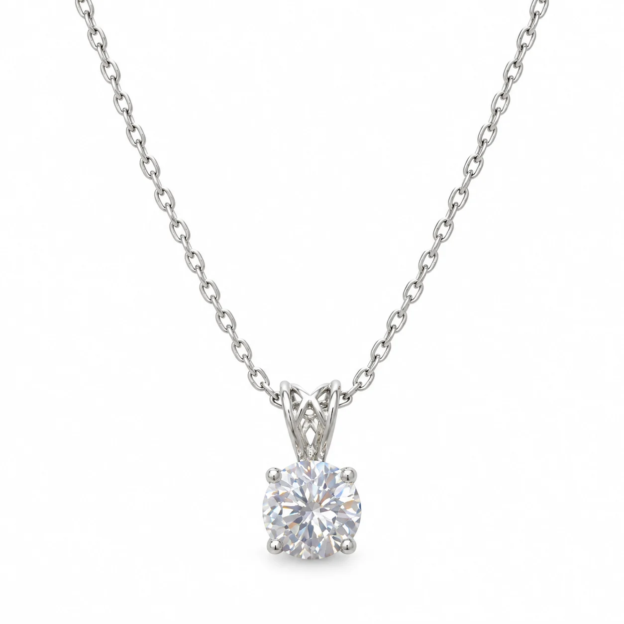 Silver-tone Fine Chain Necklace with Round Clear Pendant