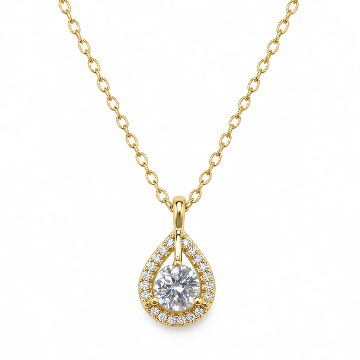 Gold-tone Open Teardrop Pendant Necklace with Round Clear Stone