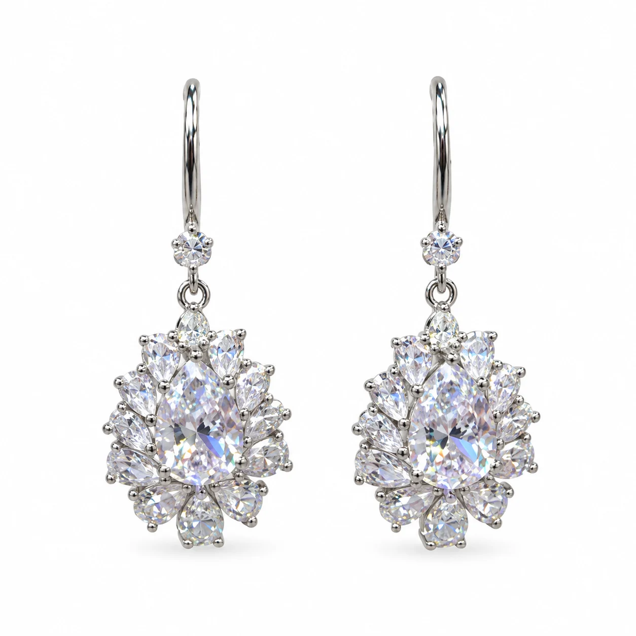 Silver-tone Pear-shaped Floral Cluster Drop Earrings