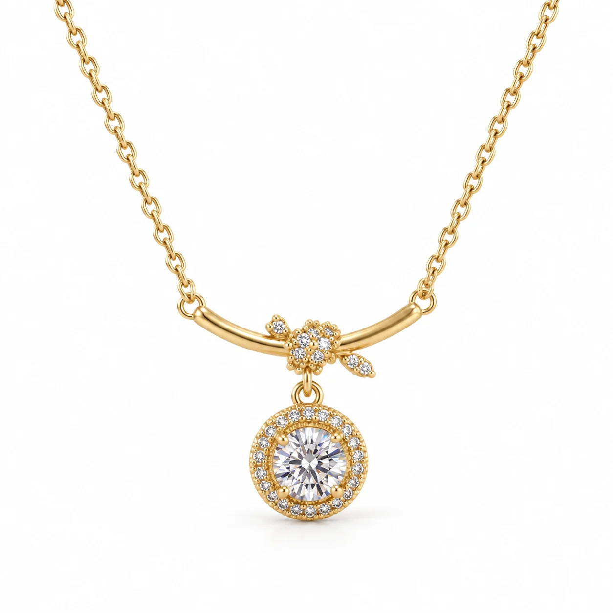 Gold-tone Curved Bar Necklace with Round Halo Pendant