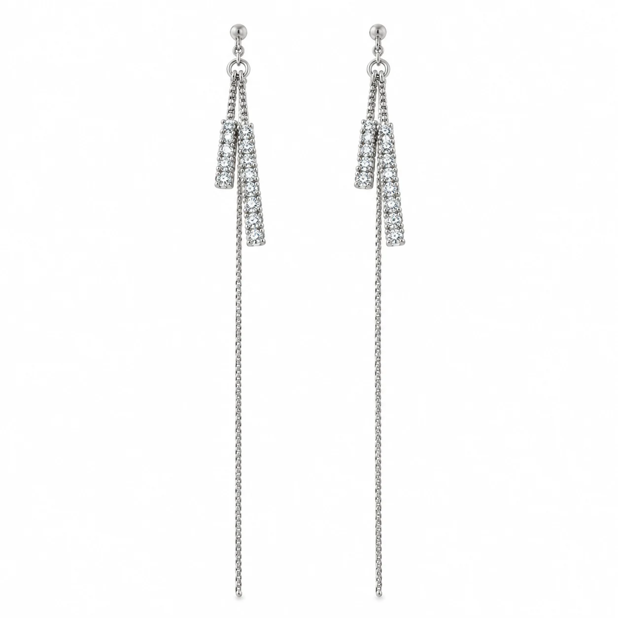 Silver-tone Fine-chain Tassel Earrings with Clear Sparkling Bars