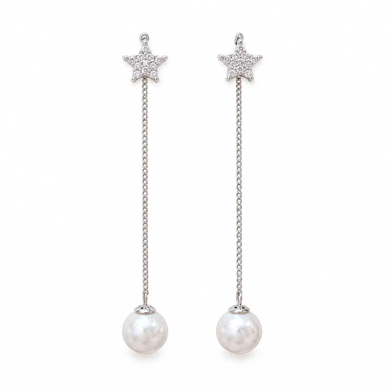 Silver-tone Star and White Bead Long Chain Drop Earrings