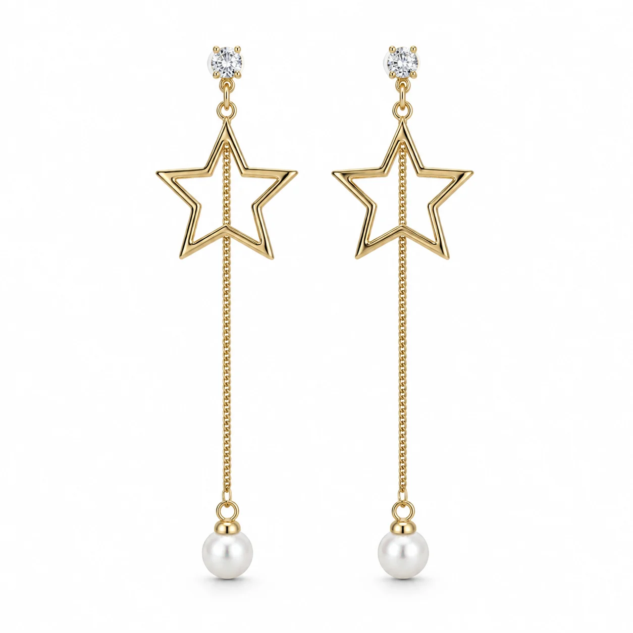 Gold-tone Open Star Long-chain Drop Earrings with White Beads