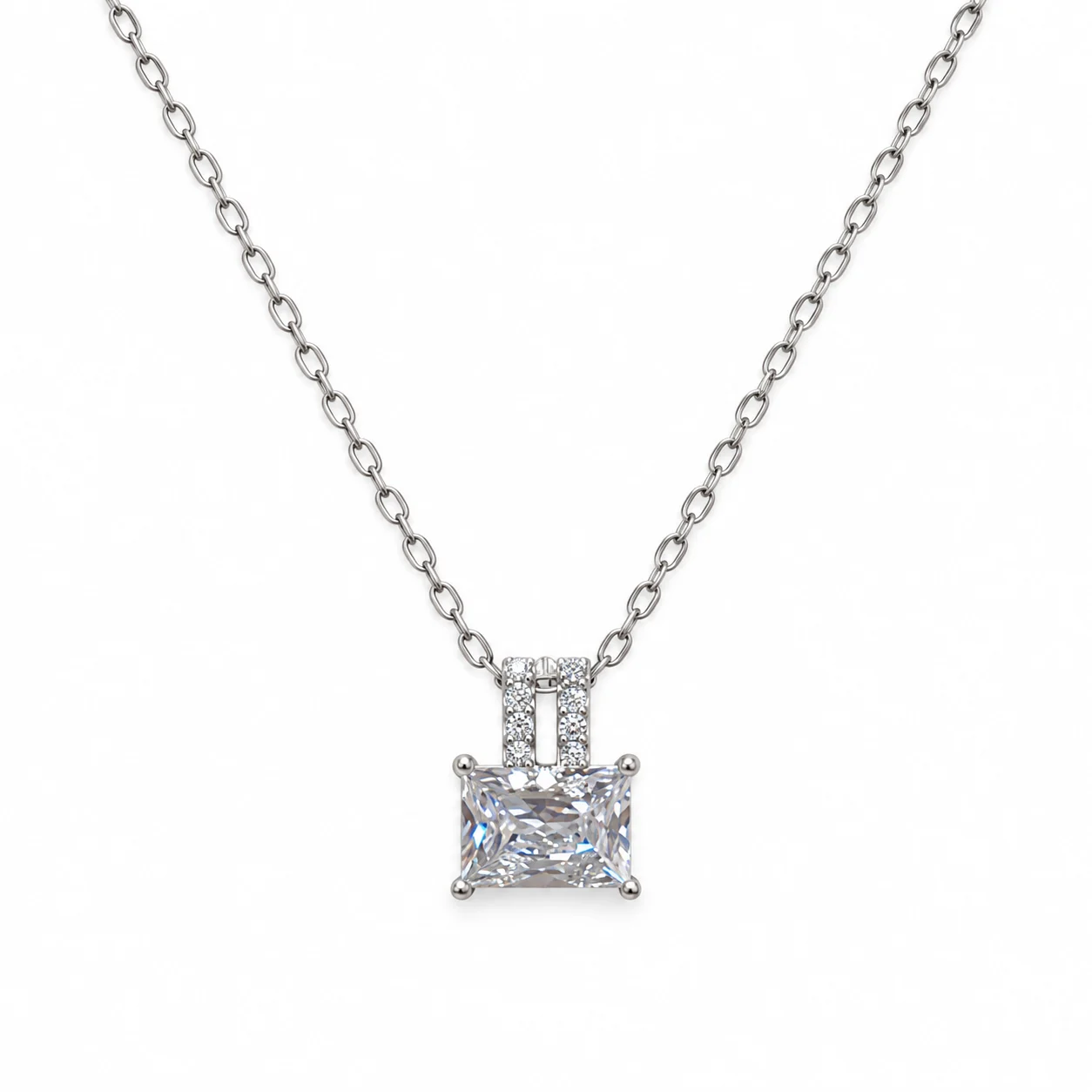 Silver-tone Chain Necklace with Rectangular Clear Stone Pendant