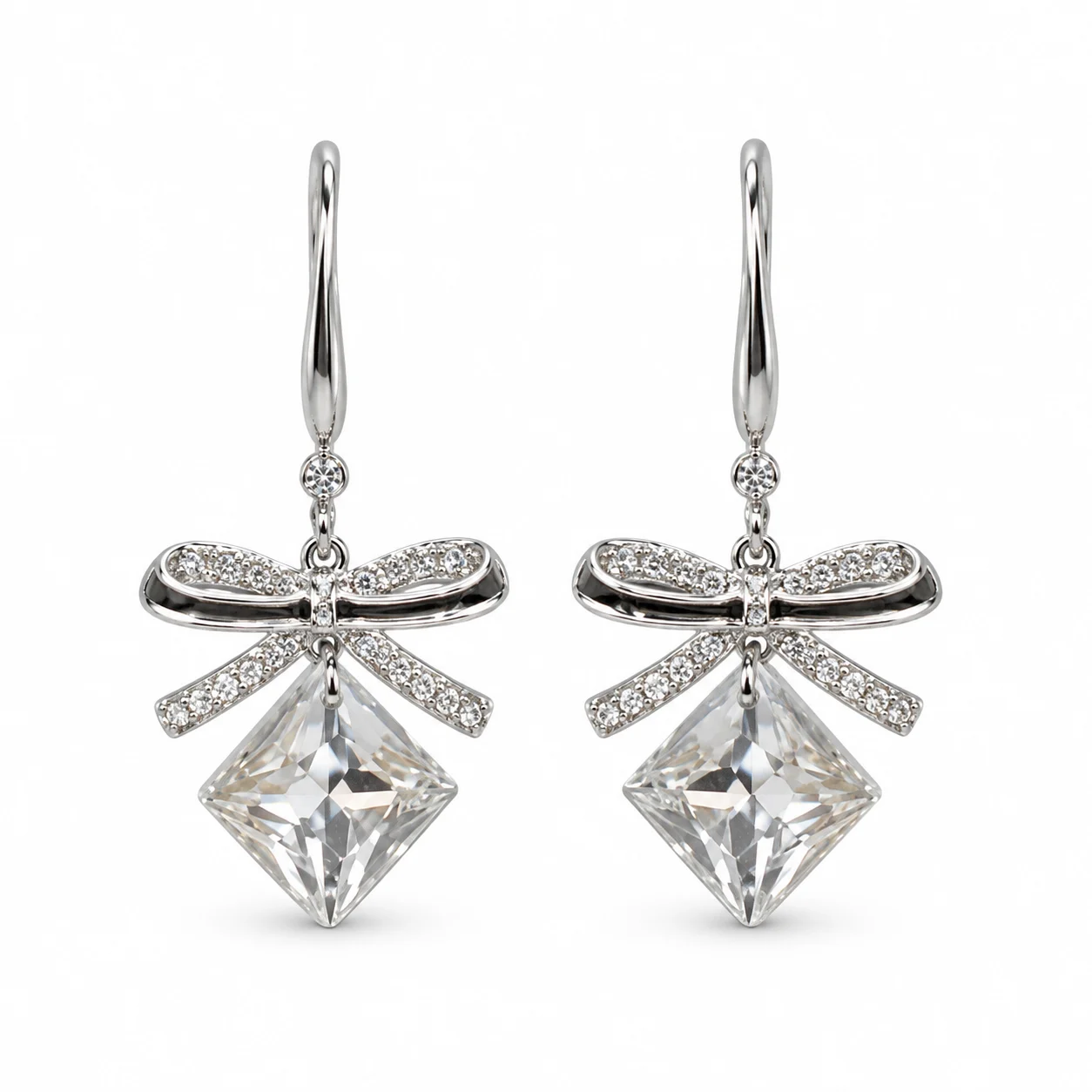 Silver-tone Bow Earrings with Clear Square Drops