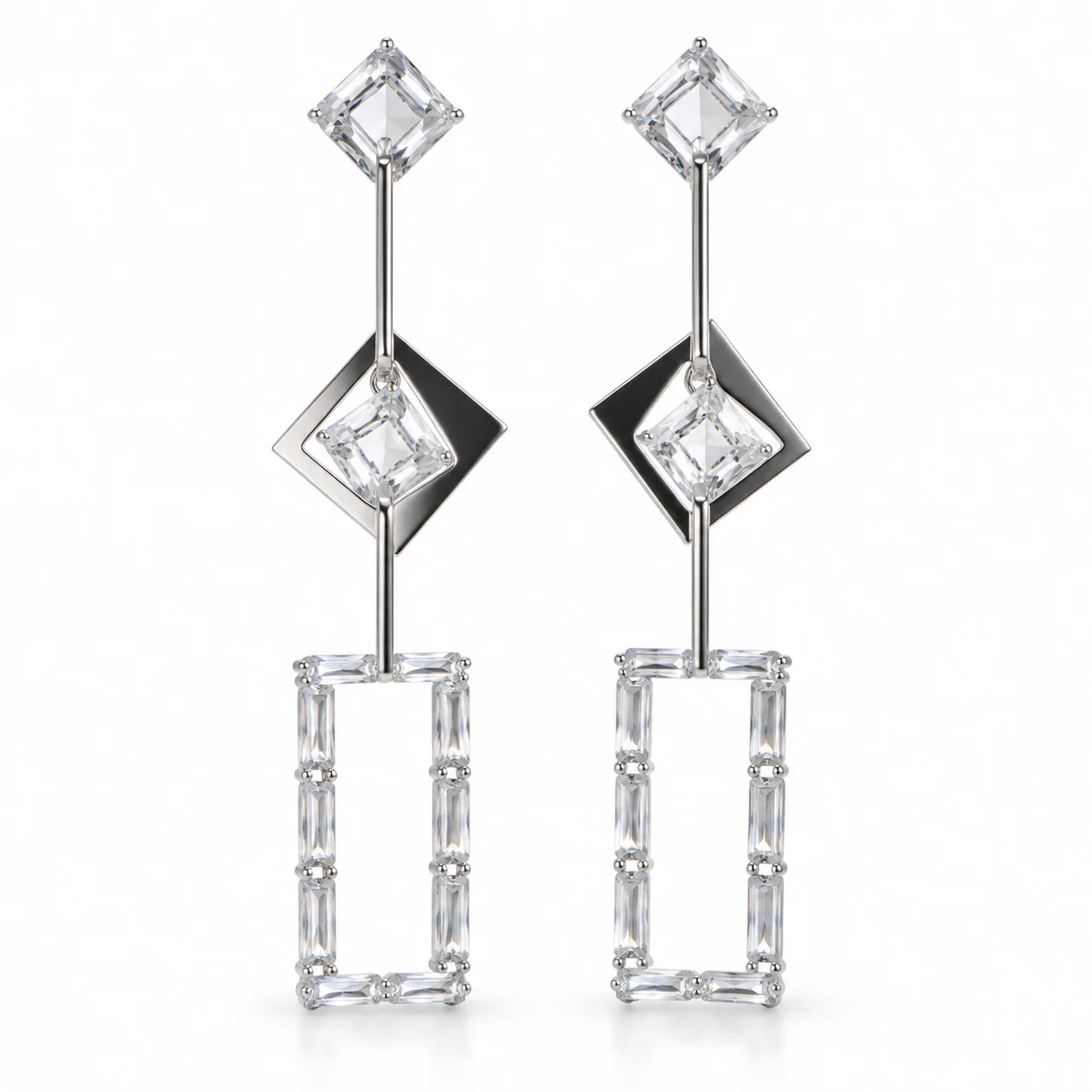 Silver-tone Long Geometric Frame Drop Earrings with Clear Stones