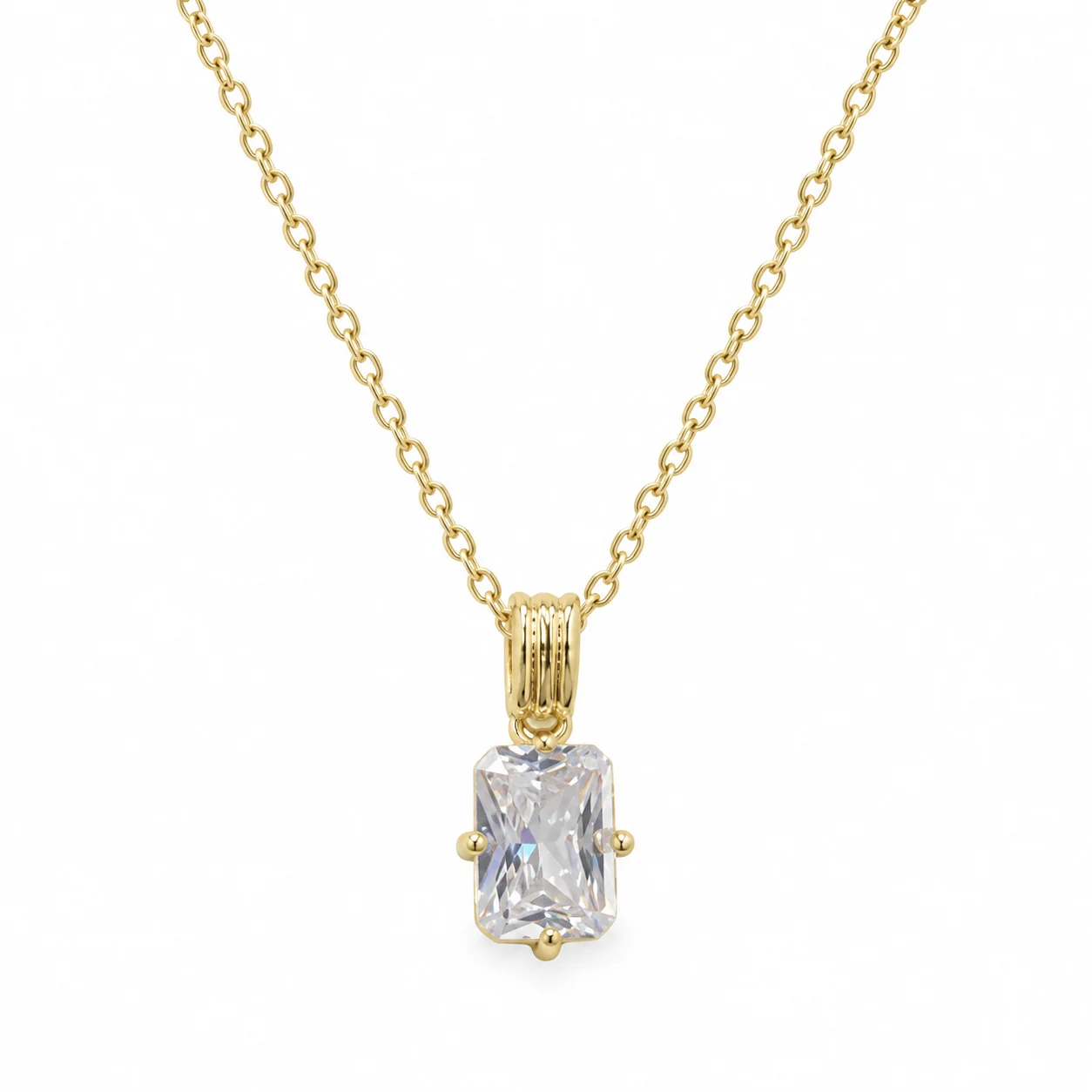 Gold-tone Fine Chain Necklace with Rectangular Clear Pendant