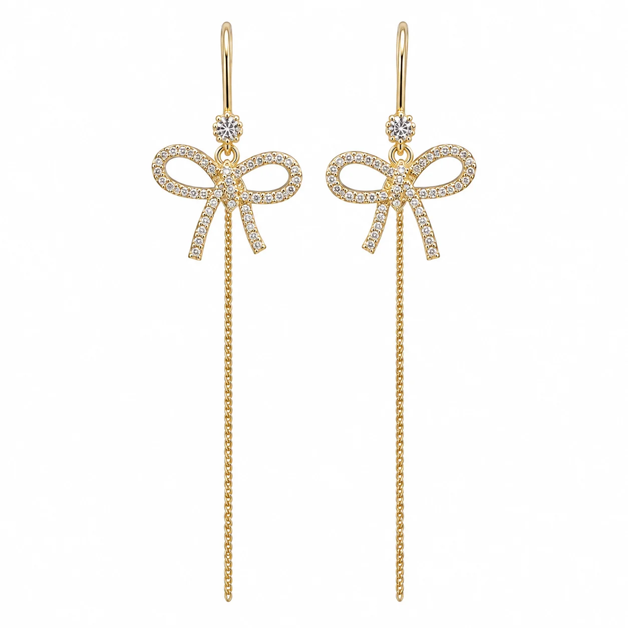 Gold-tone Openwork Bow Earrings with Long Chain Drops