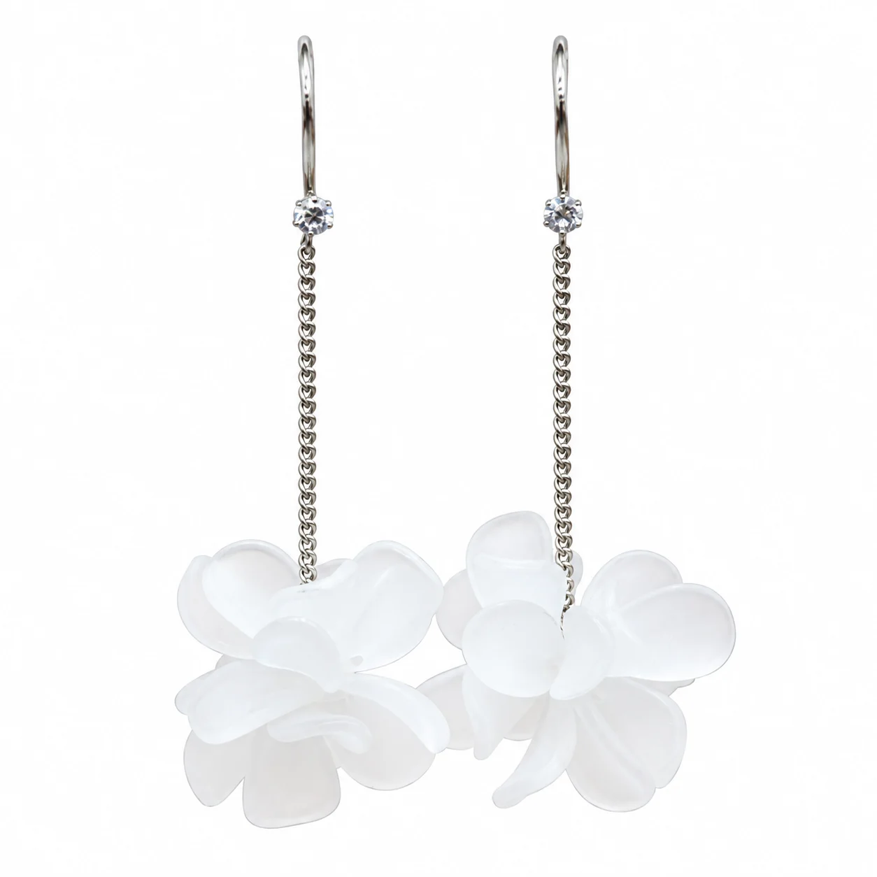 Silver-tone Chain Drop Earrings with Layered White Flowers