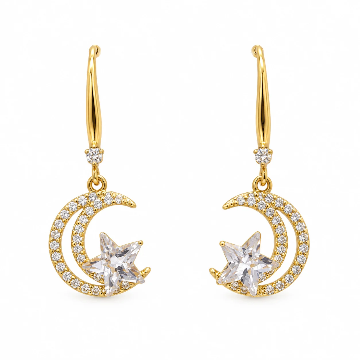 Gold-tone Openwork Crescent and Clear Star Drop Earrings