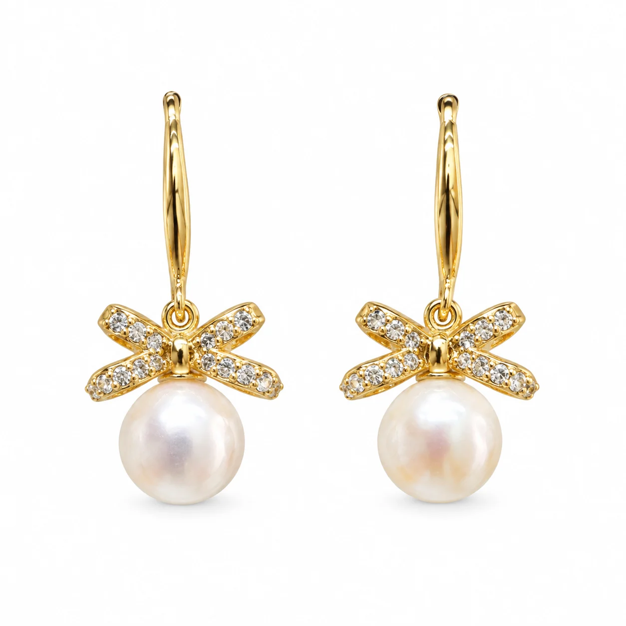 Gold-tone Bow Drop Earrings with White Pearl-like Beads