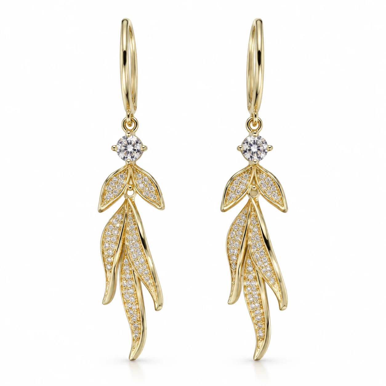 Gold-tone Leaf-shaped Sparkling Drop Earrings