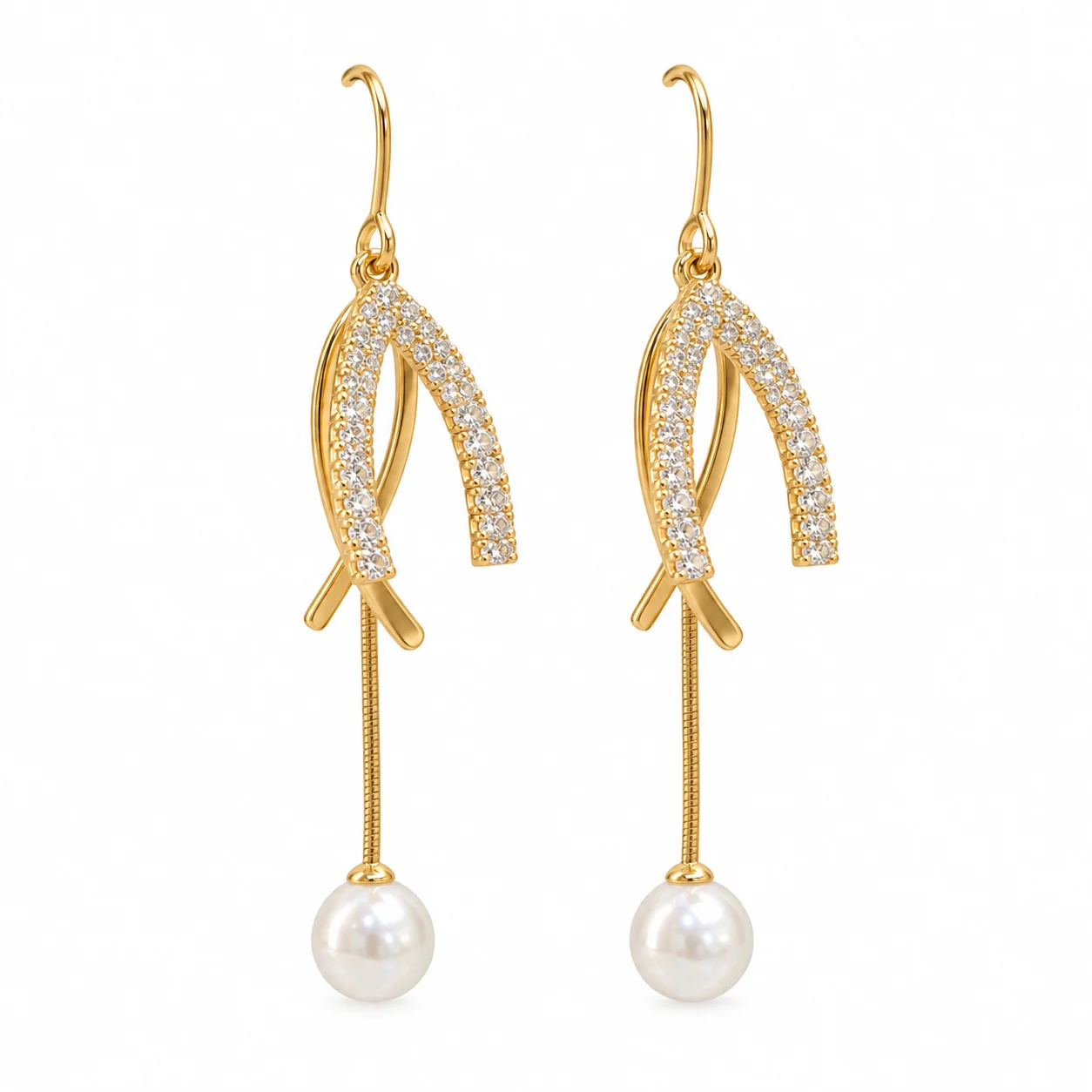 Gold-tone Curved Sparkling Drop Earrings with White Beads