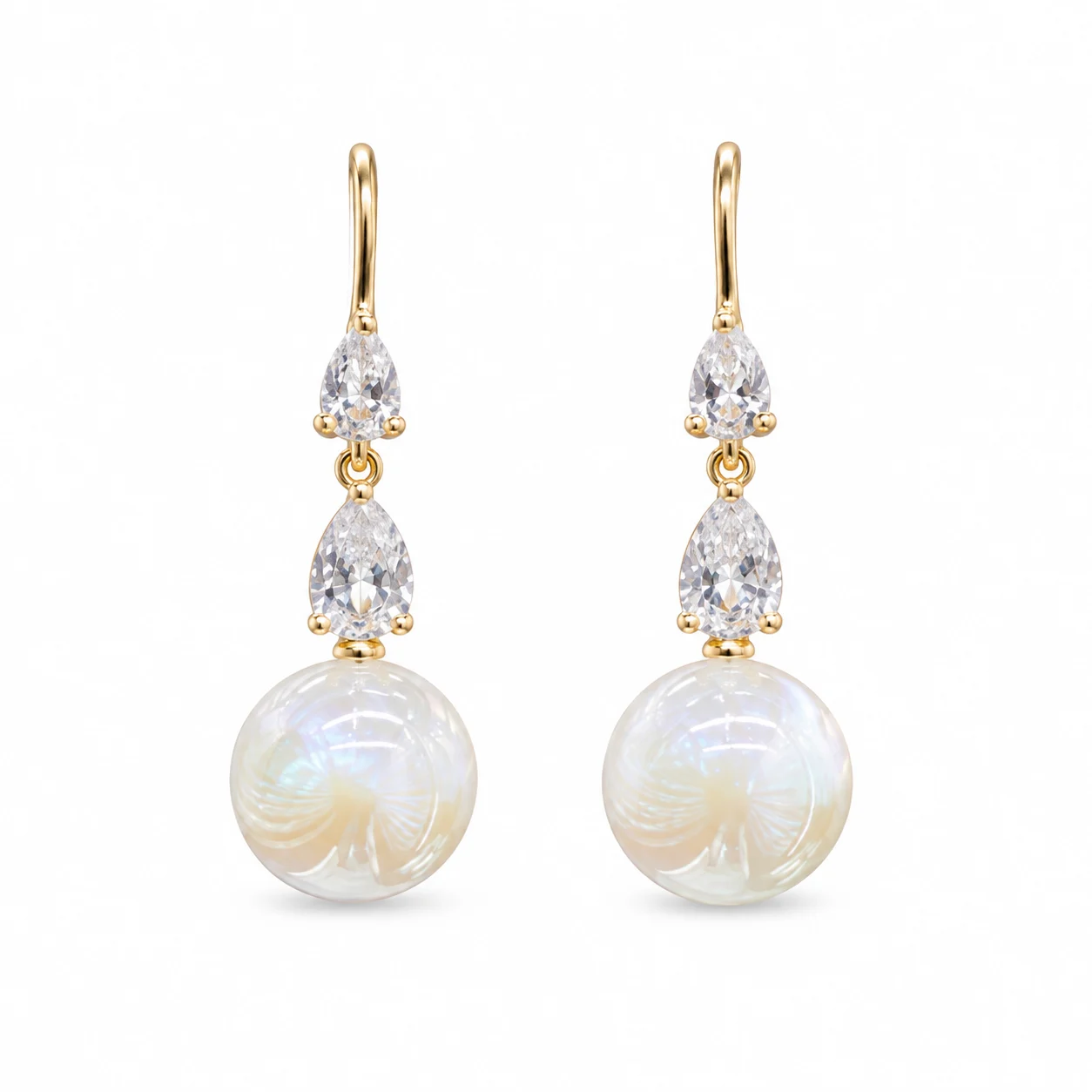 Gold-tone Drop Earrings with Clear Teardrop Accents and Milky White Beads