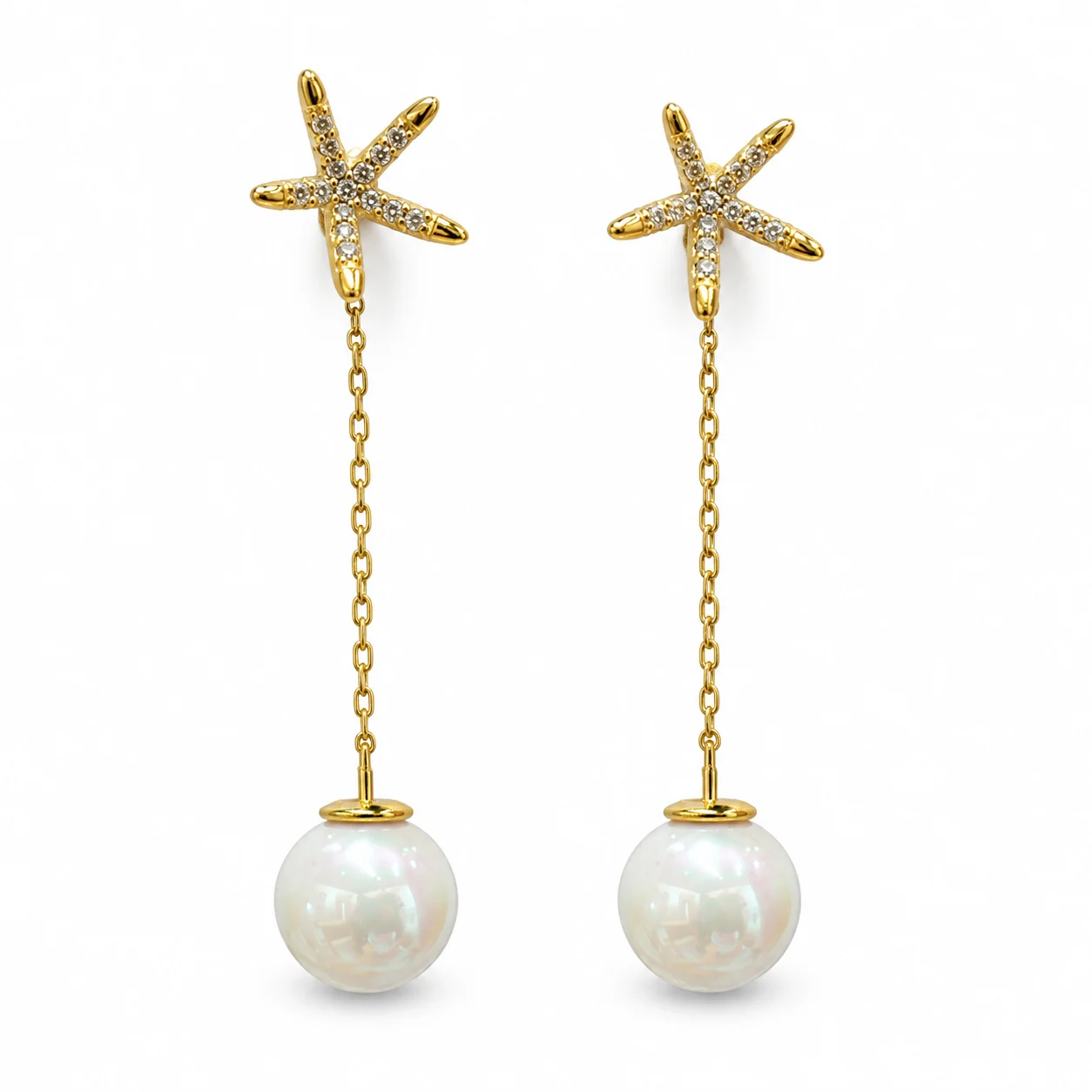 Gold-Tone Starfish Chain Drop Earrings with White Round Beads