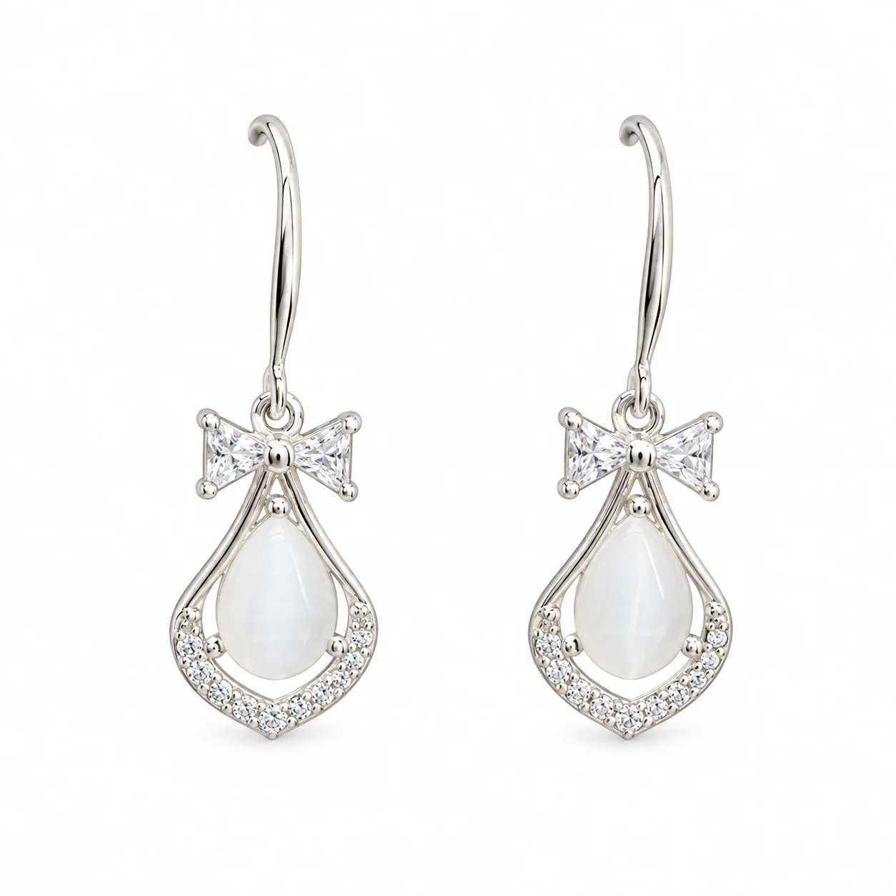Silver-tone Bow and Milky White Teardrop Earrings