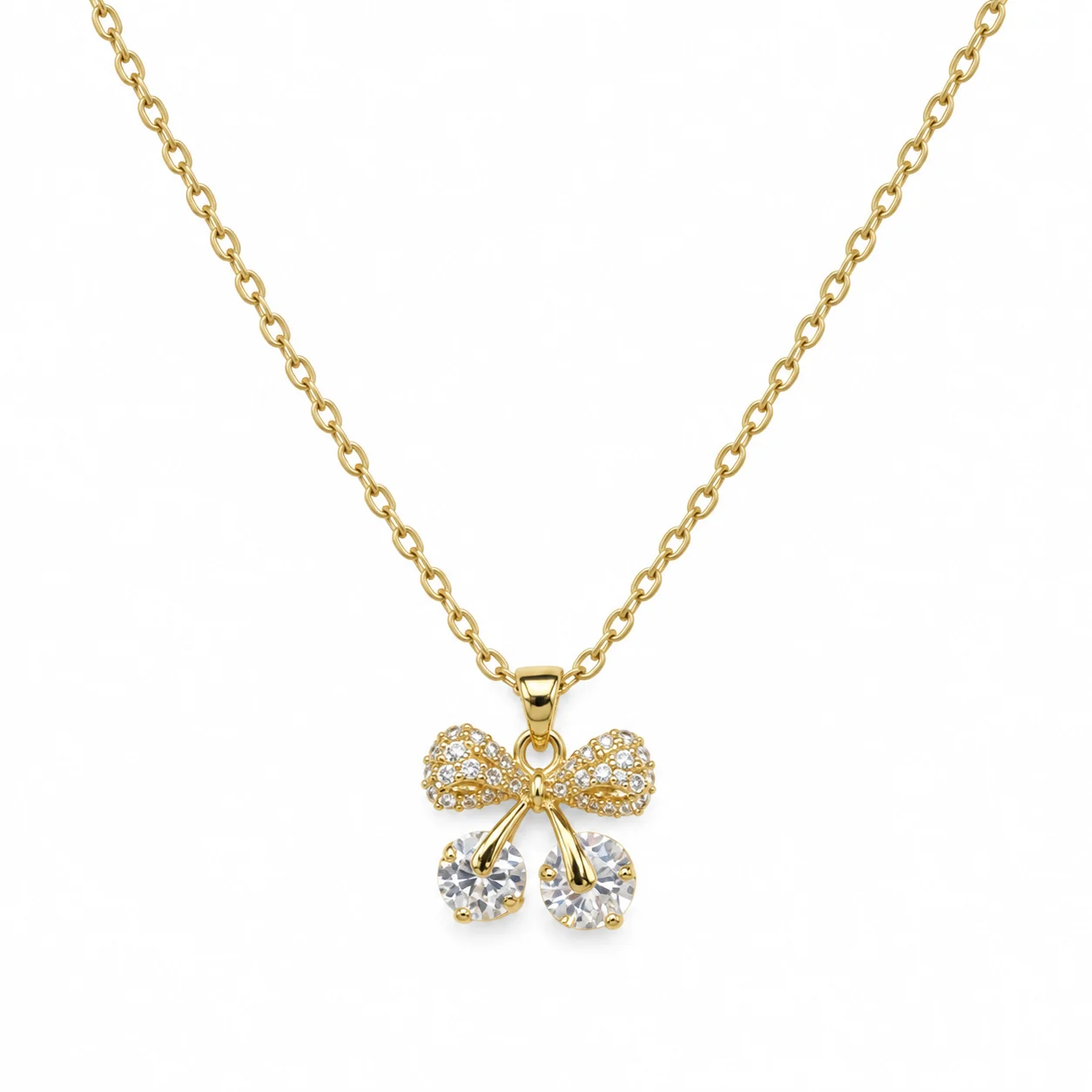 Gold-tone Bow Pendant Necklace with Two Round Clear Accents