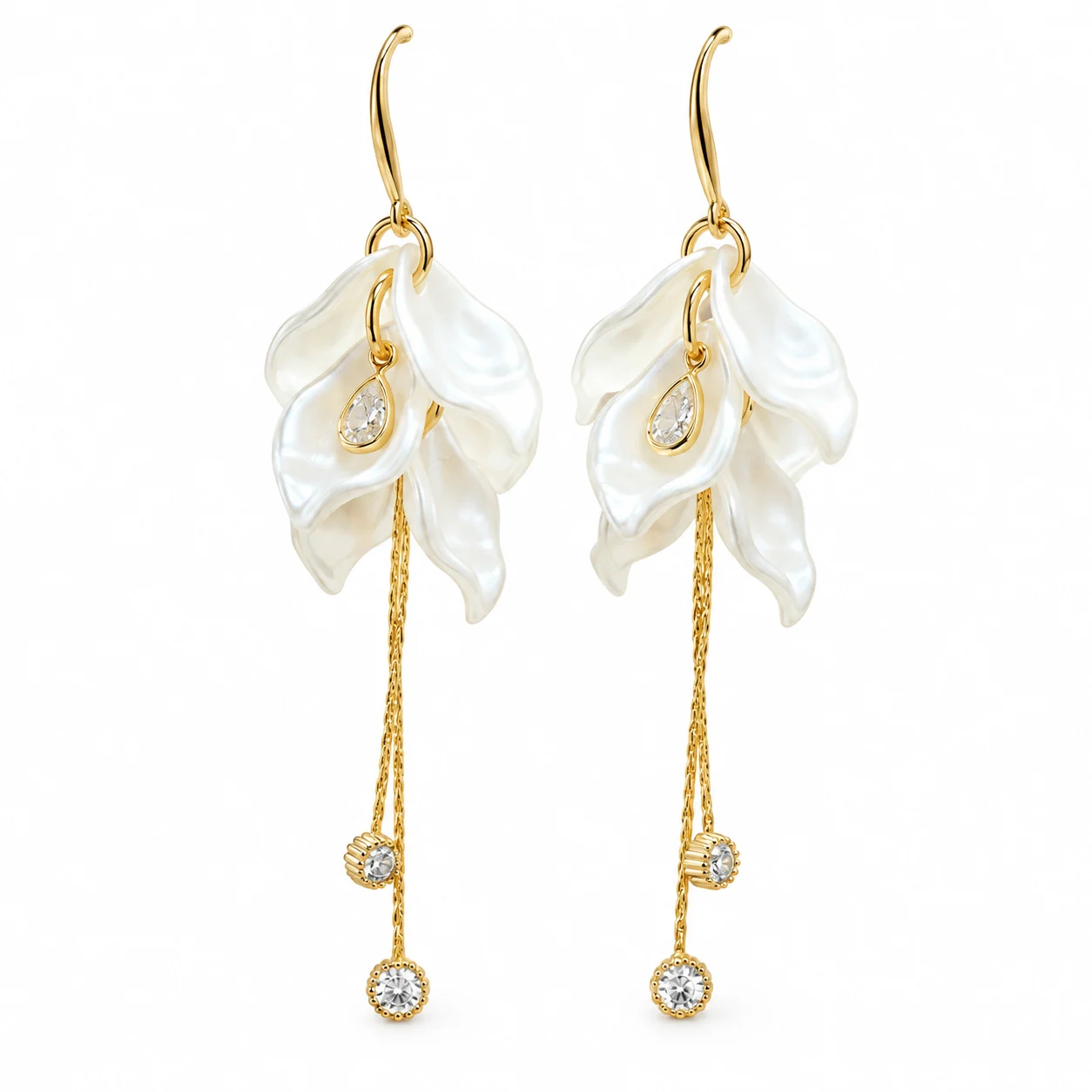 Gold-tone Drop Earrings with White Petal Clusters and Chain Dangles