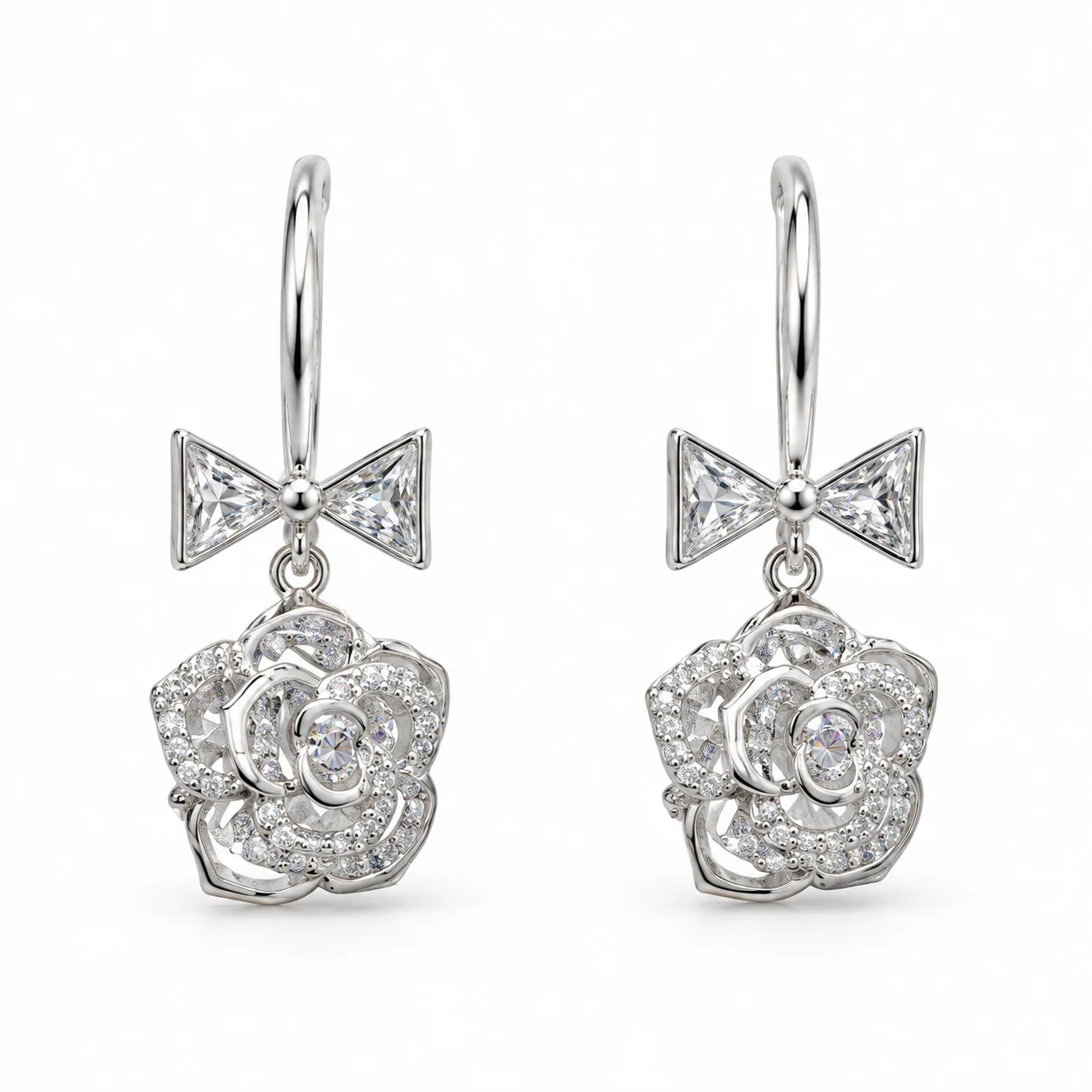 Silver-tone Bow and Flower Drop Earrings with Clear Sparkling Accents