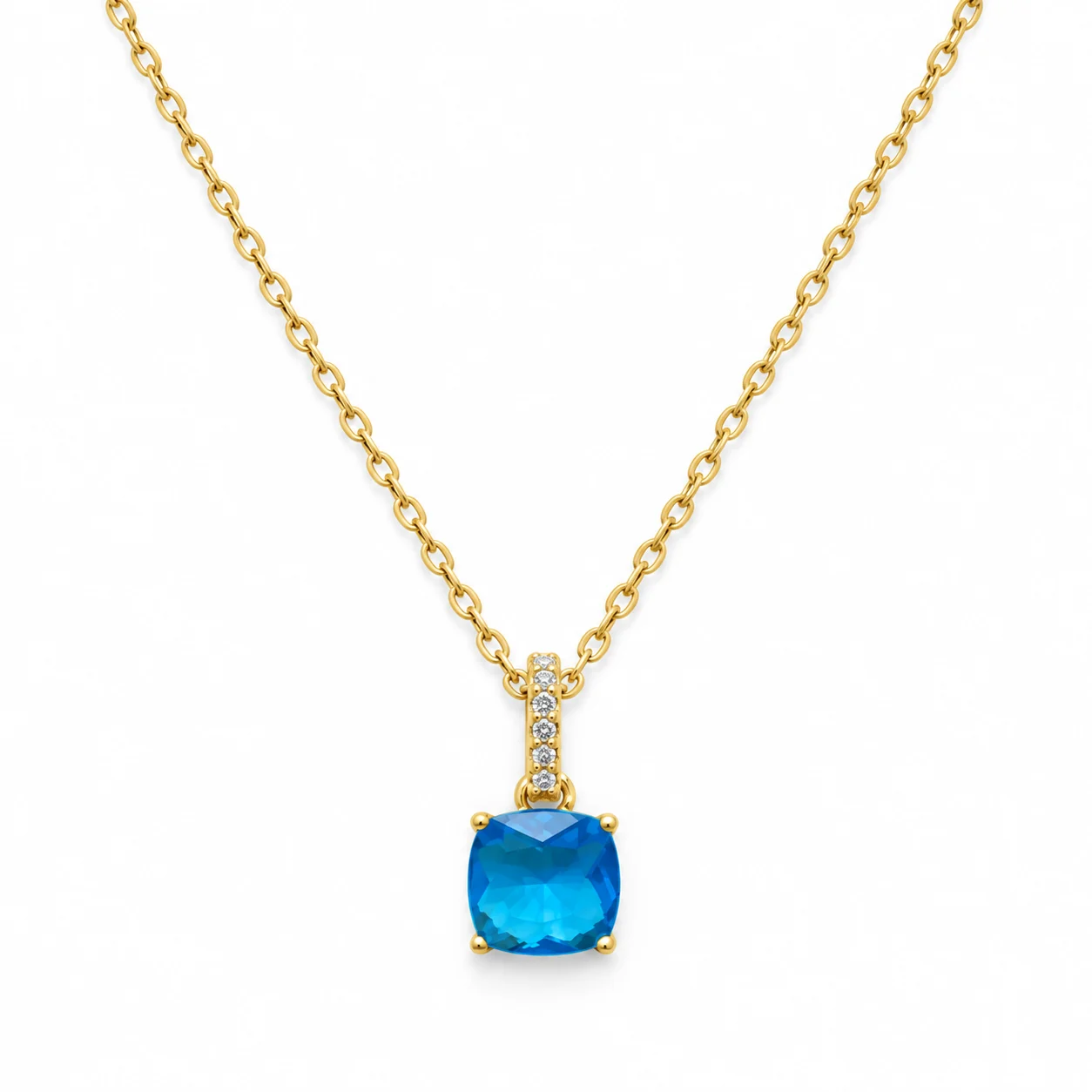 Gold-Tone Necklace with Blue Rounded-Square Pendant