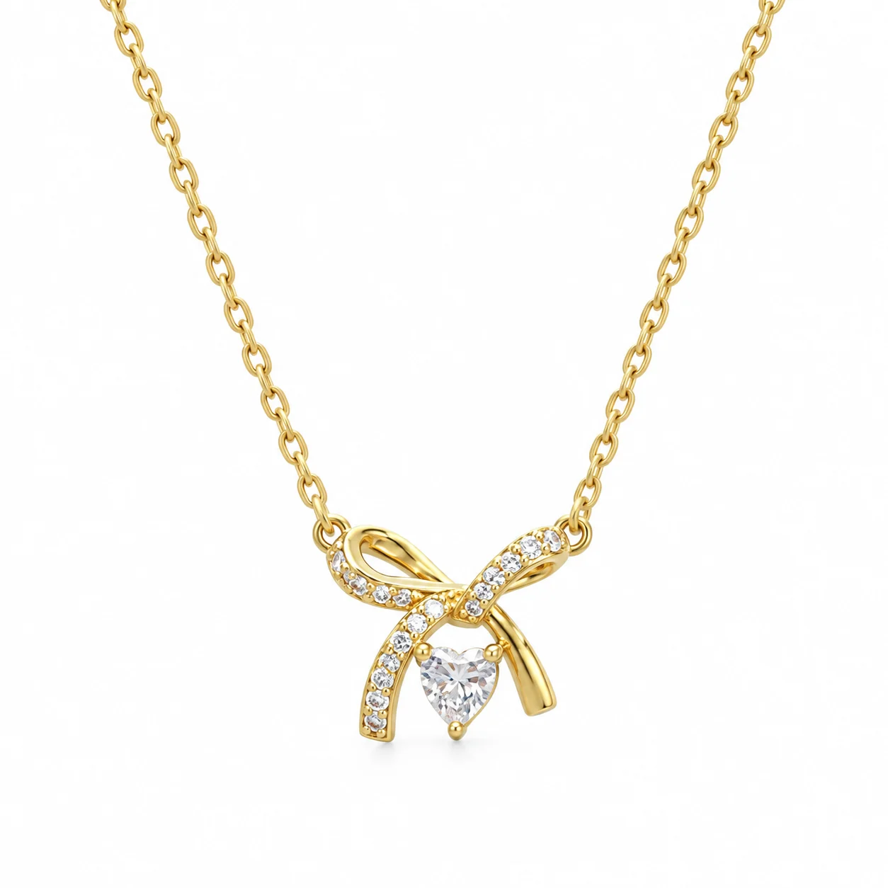 Gold-tone Bow Necklace with Clear Teardrop-shaped Accent