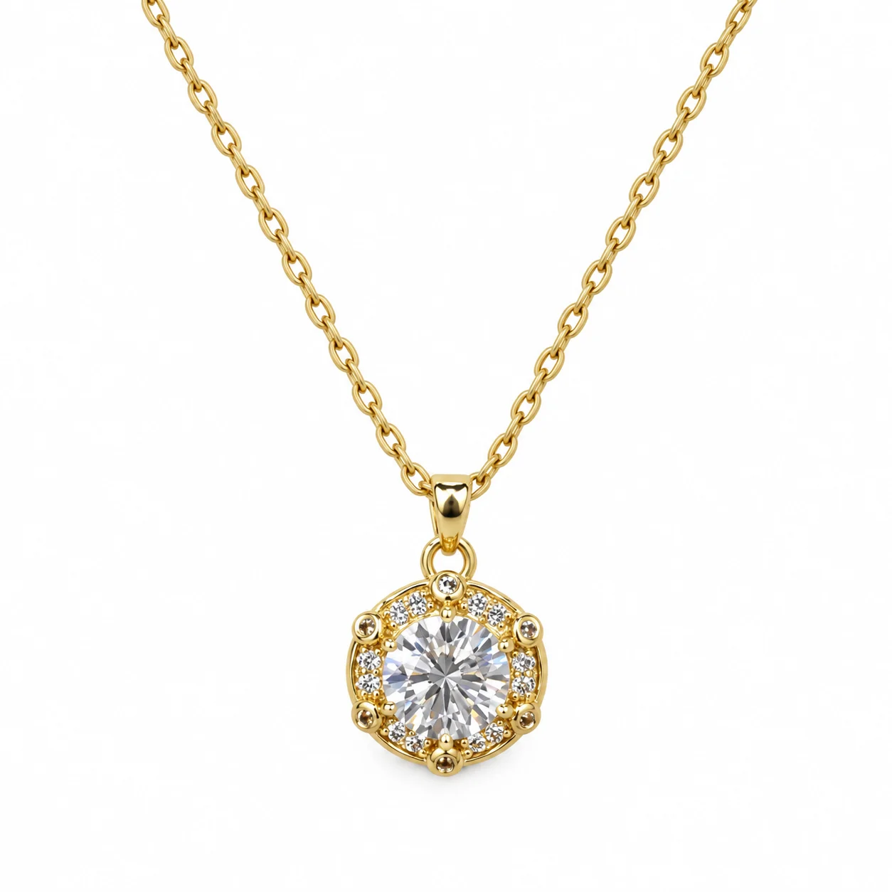 Gold-tone Round Clear Stone Halo Pendant Necklace
