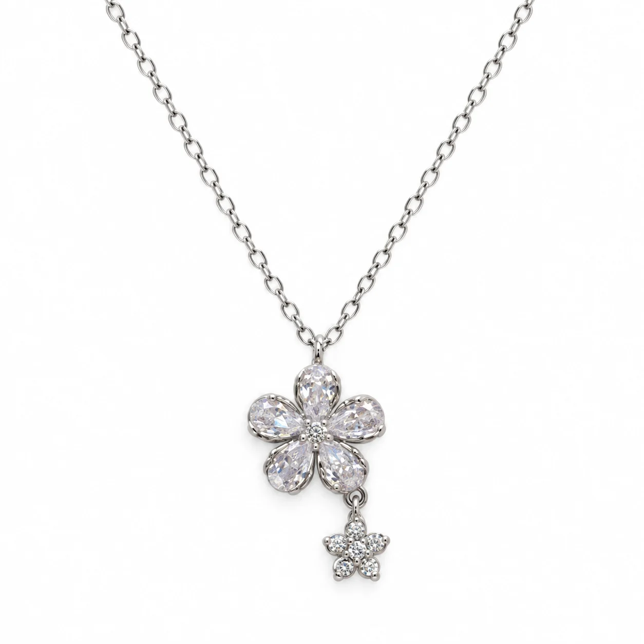 Silver-tone Clear Sparkling Double-Flower Drop Pendant Necklace