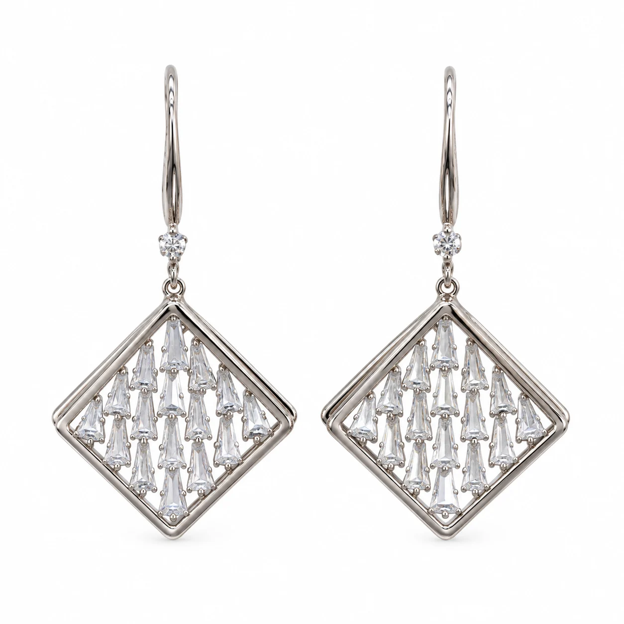 Silver-tone Open Square Frame Drop Earrings with Clear Accents