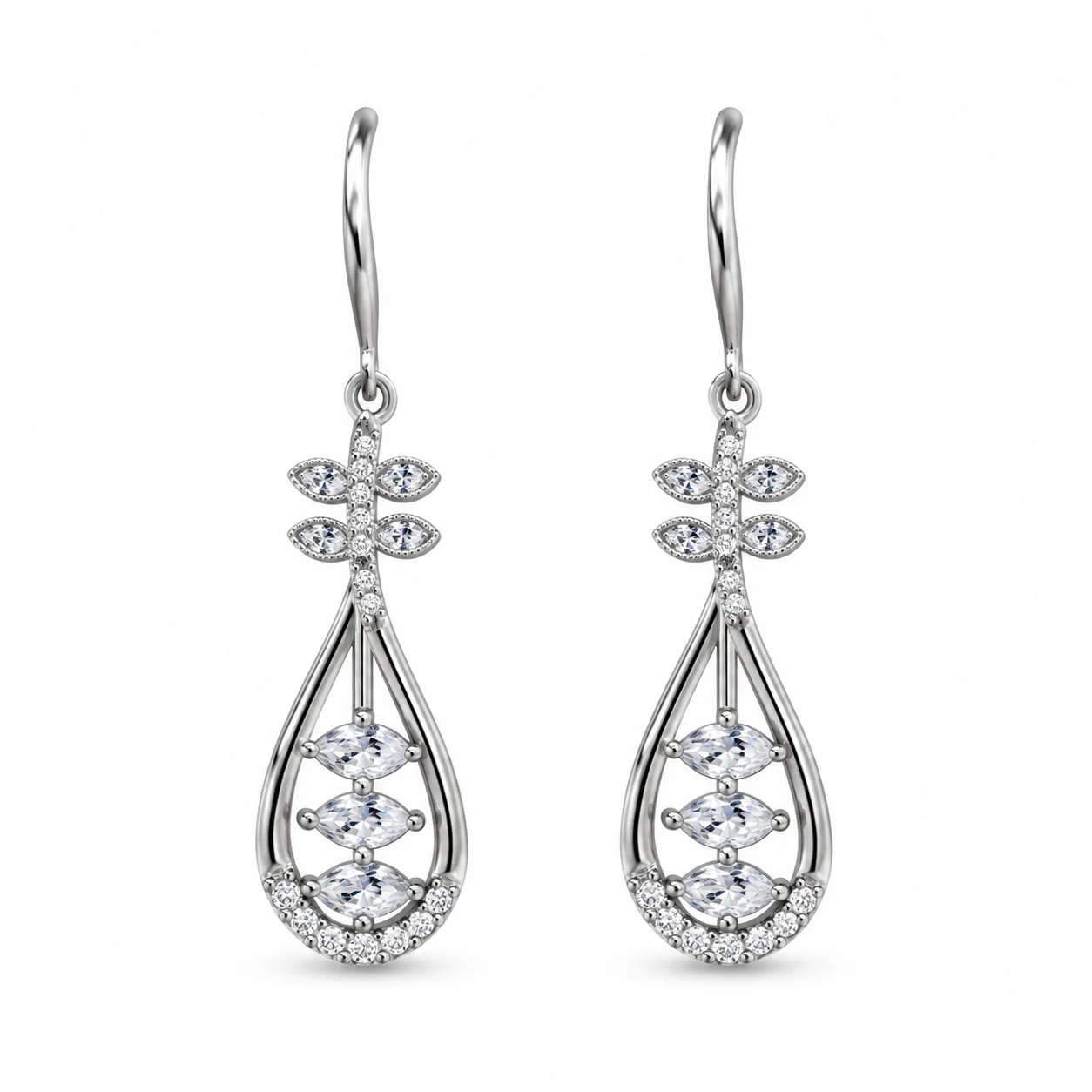 Silver-tone Openwork Teardrop Earrings with Clear Stone Accents
