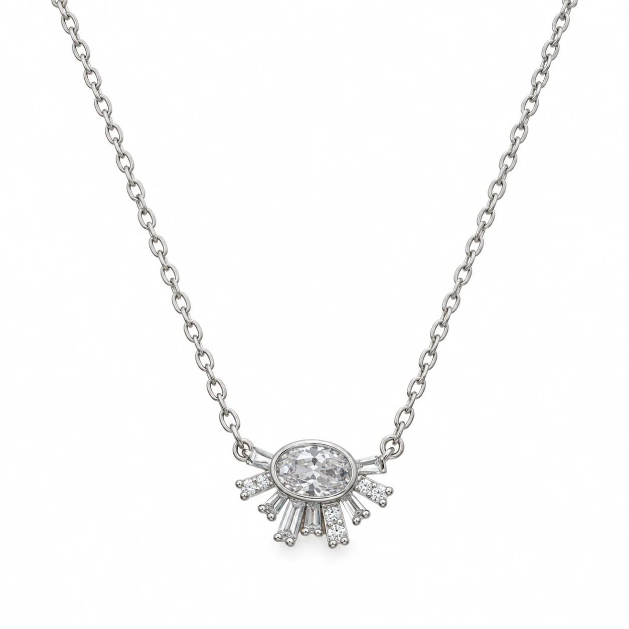 Silver-tone Oval Clear-stone Necklace with Radiating Pendant