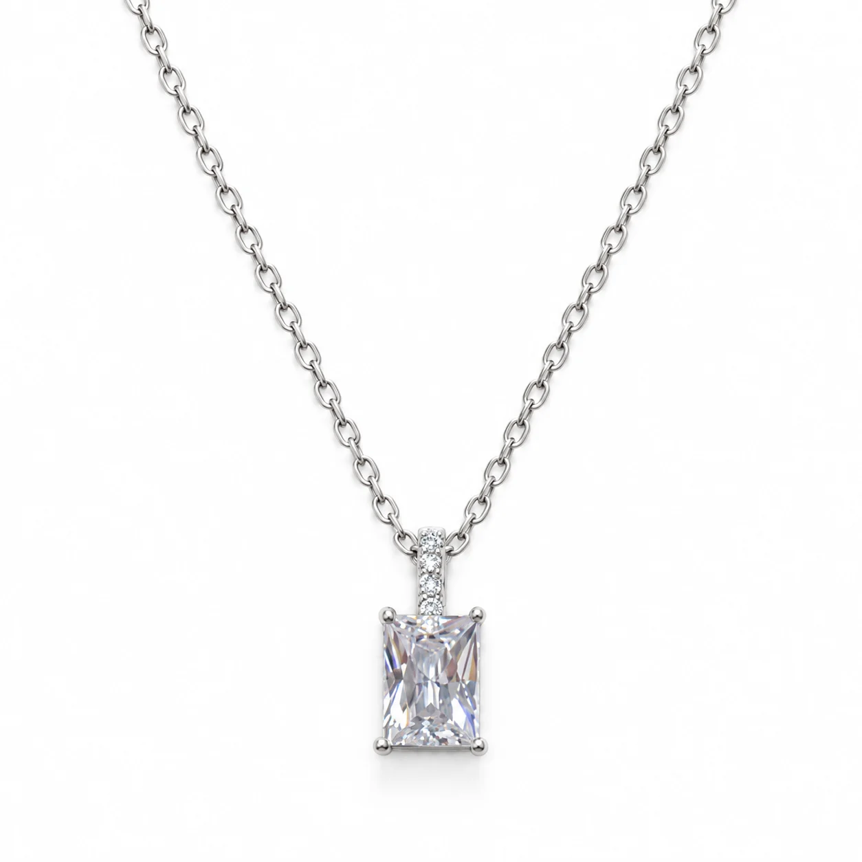 Silver-tone Fine Chain Necklace with Rectangular Clear Stone Pendant