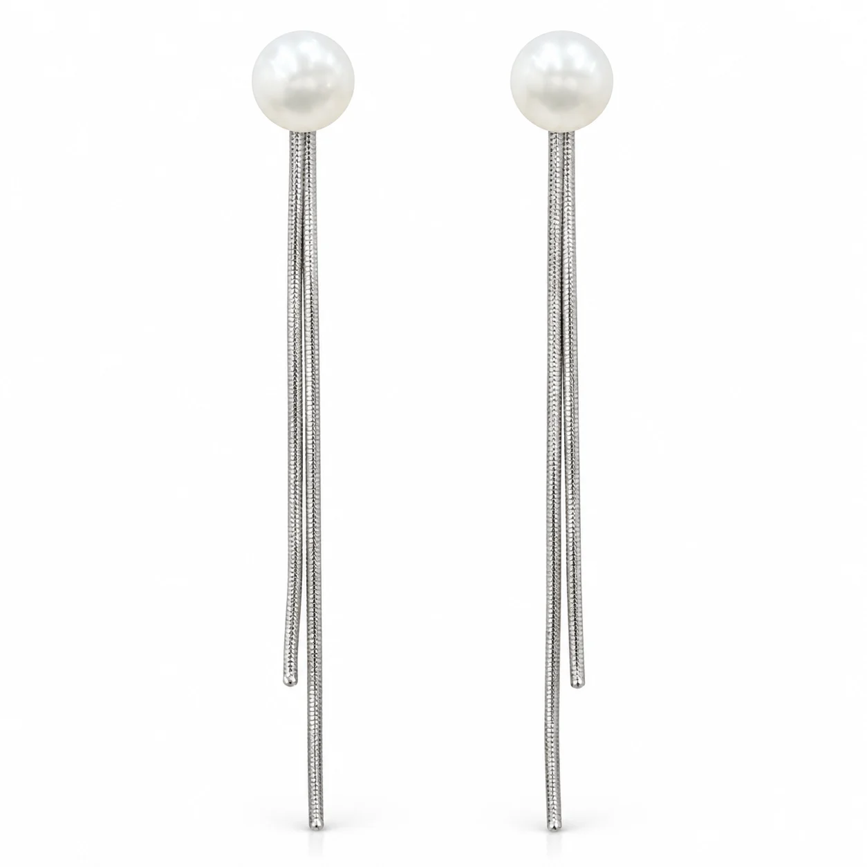 Pearl-white Bead Earrings with Silver-tone Chain Tassels