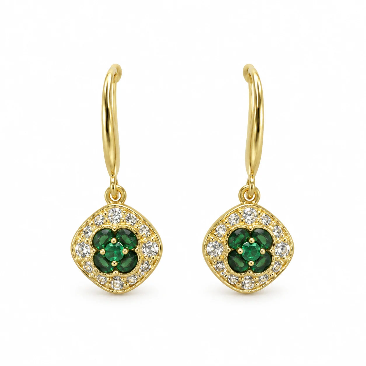 Gold-tone Drop Earrings with Green Clover Centers and Clear Halos