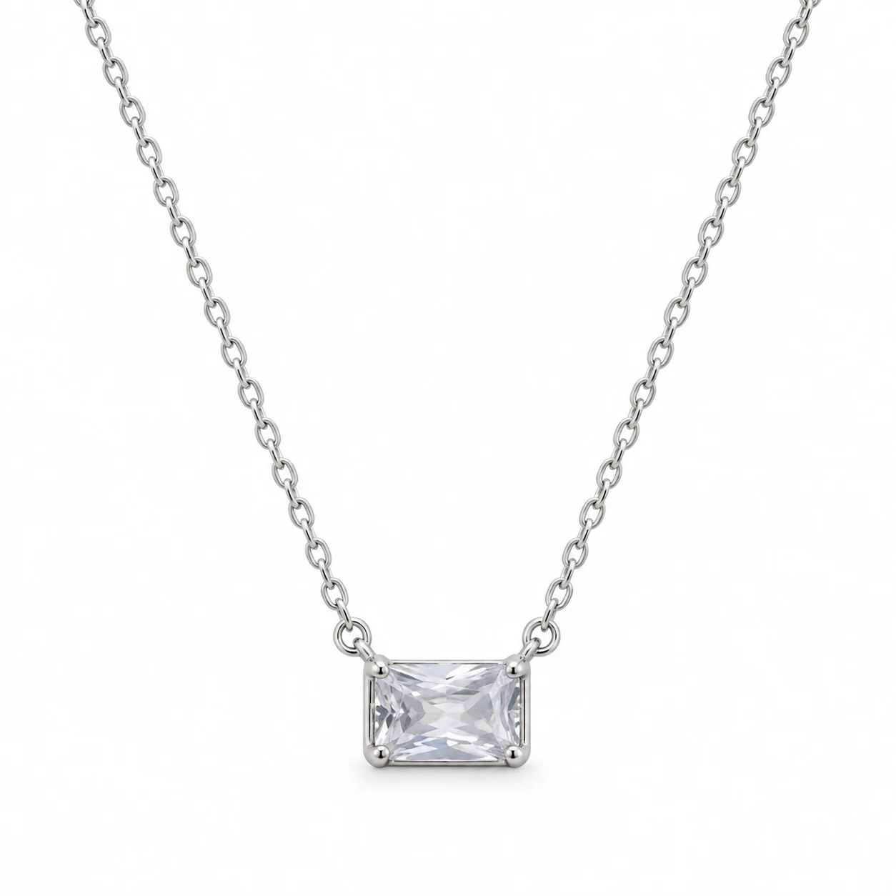 Silver-tone Fine Chain Necklace with Clear Rectangular Centerpiece