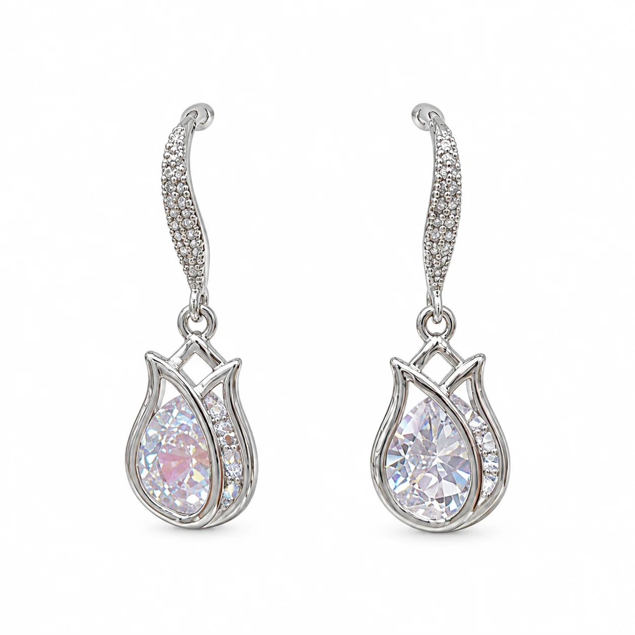 Silver-tone Openwork Teardrop Earrings with Clear Faceted Stones