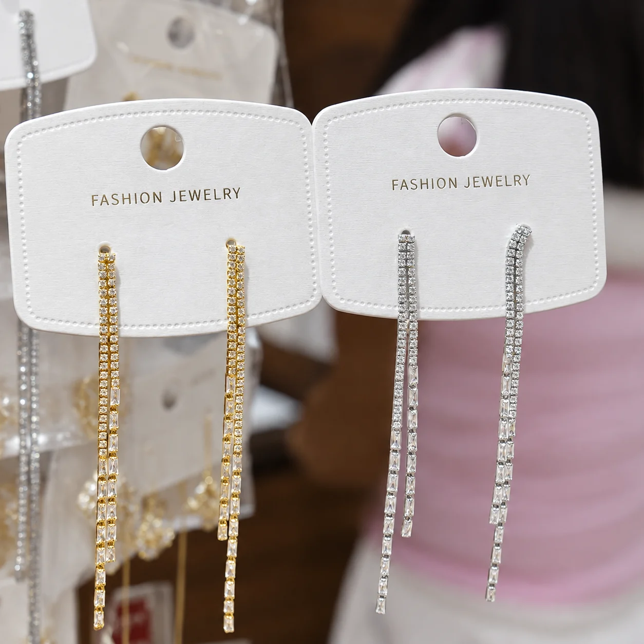 Clear Sparkling Double-Strand Long Drop Earrings in Gold-Tone and Silver-Tone Versions