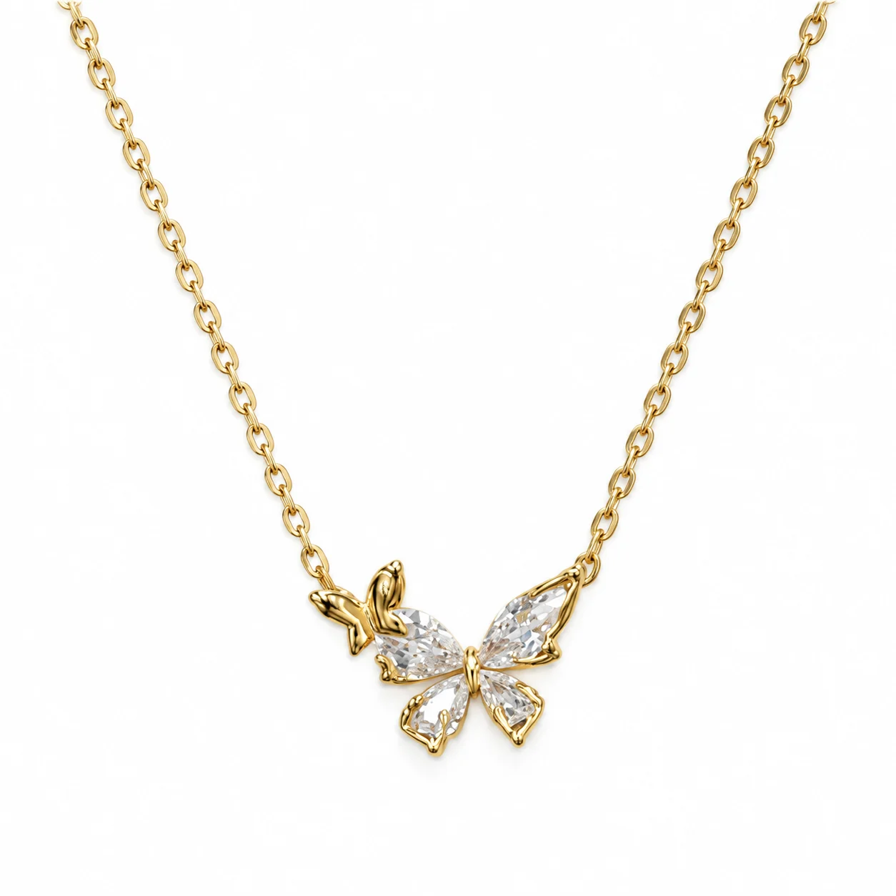 Gold-tone Double Butterfly Necklace with Clear Sparkling Accents