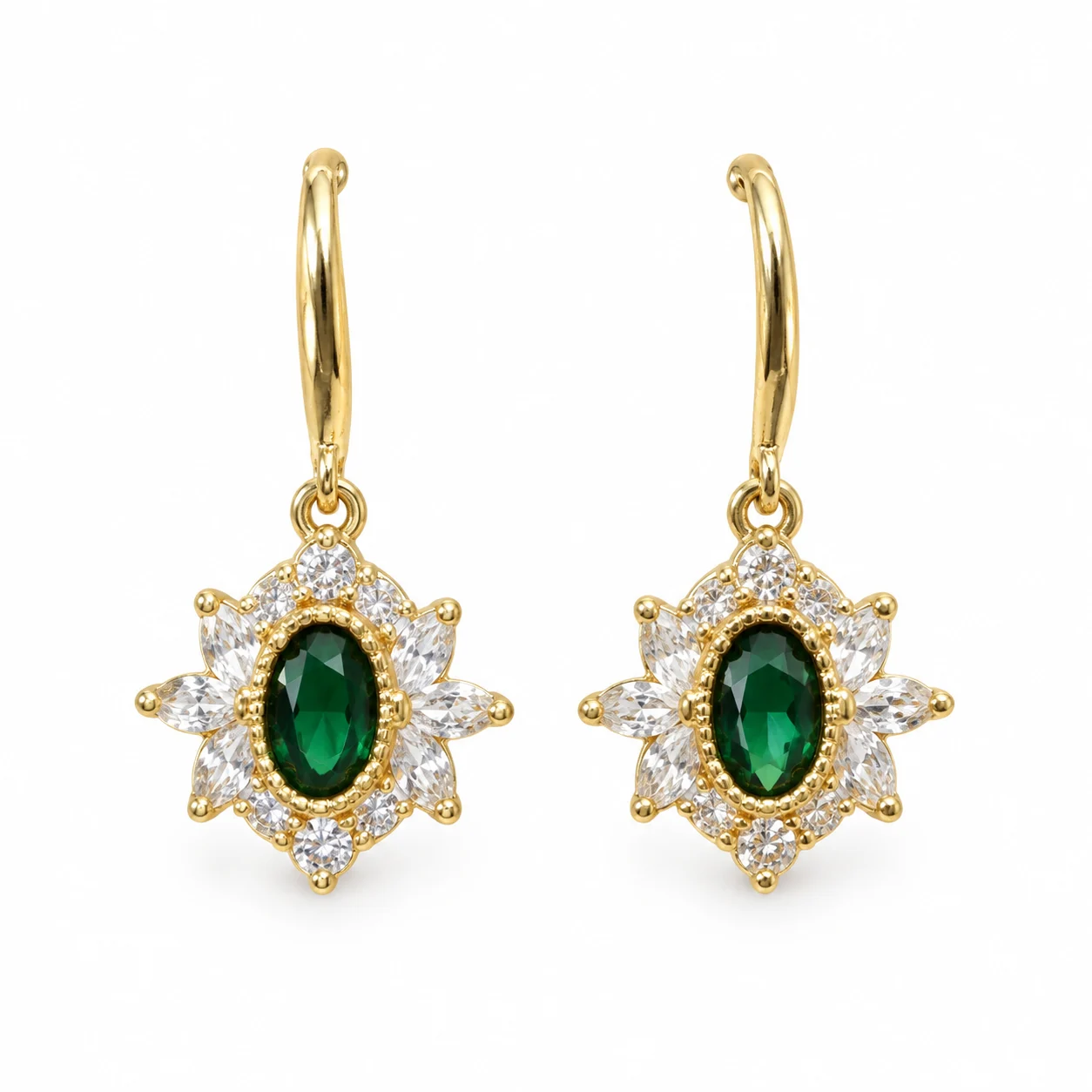 Gold-tone Drop Earrings with Oval Green Centers and Clear Accents