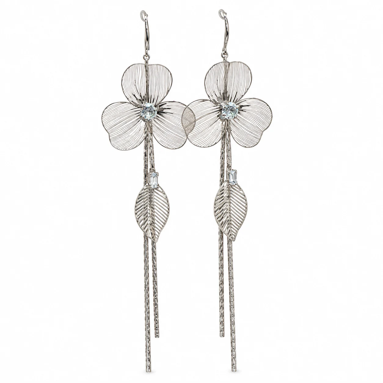 Silver-Tone Openwork Flower and Leaf Long Tassel Earrings