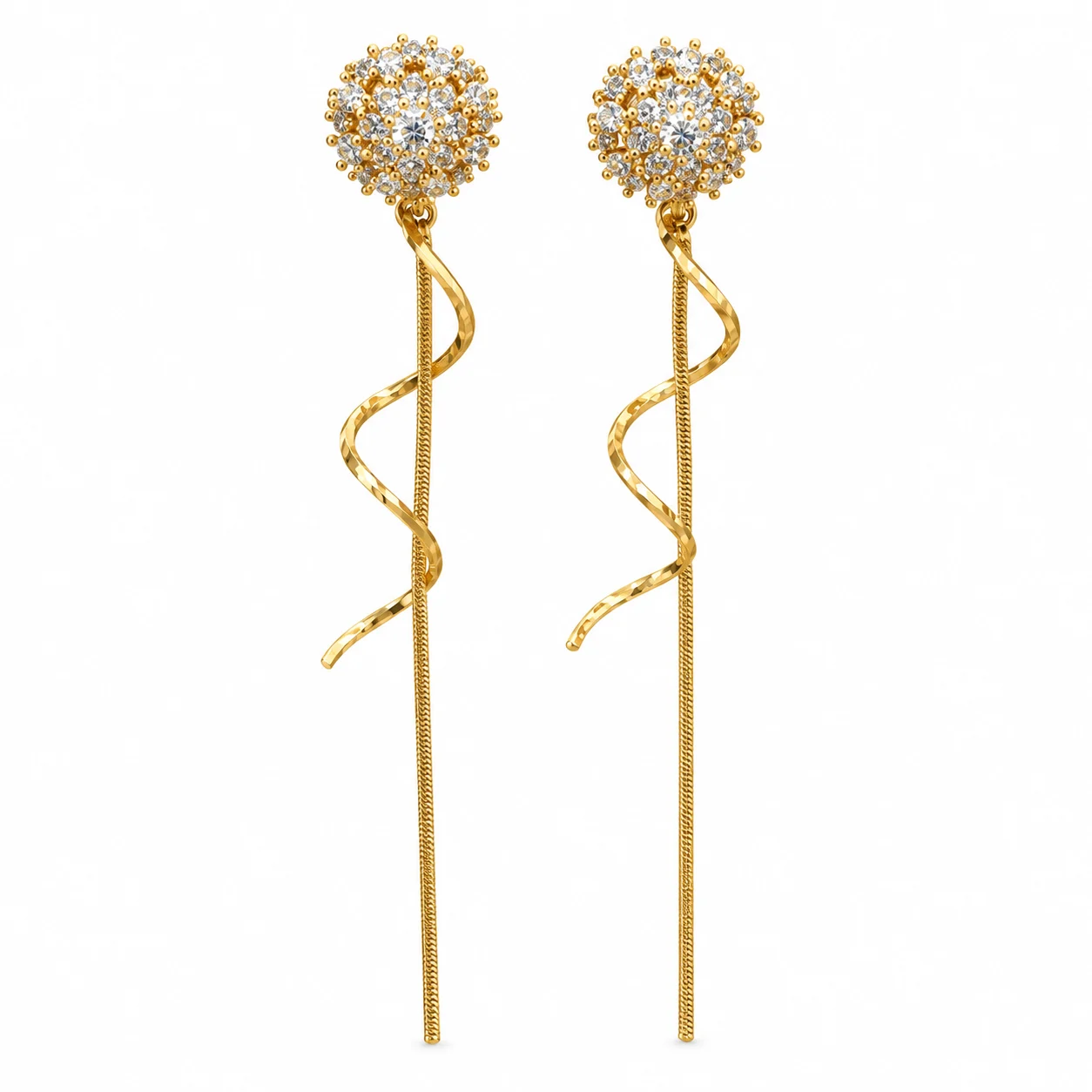 Gold-tone Round Cluster Drop Earrings with Spiral Ribbons and Long Chains